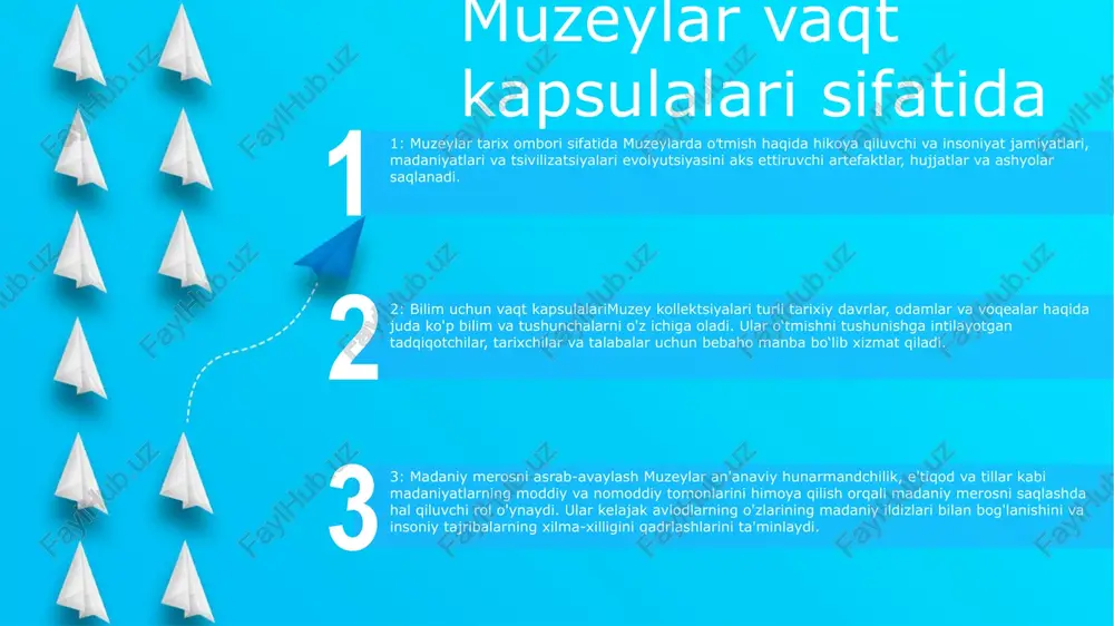 , madaniyatlararo xabardorlik va qadrlashni rag'batlantiradi. madaniyat ombori: muzeylar madaniy yodgorliklar ombori bo'lib xizmat qiladi, o'tmishning moddiy qoldiqlarini kelajak avlodlar uchun o'rganish va qadrlash uchun saqlash va saqlash. o'ziga xoslik haqidagi hikoyalar: muzeylardagi eksponatlar va namoyishlar bizning madaniy evolyutsiya haqidagi tushunchamizni shakllantiradigan hikoyalarni taqdim etadi. ular o'tmishdagi jamiyatlarning e'tiqodlari, qadriyatlari va amaliyotlari haqida tushuncha beradi, bu bizga madaniy o'ziga xosliklarning rivojlanishini kuzatish imkonini beradi. siyosiy va ijtimoiy tarixni o'rganish 2: tarixiy istiqbollarni hikoya qilish muzeylar eksponatlarni tayyorlash va sharhlovchi materiallarni taqdim etish orqali tarixiy rivoyatlarni shakllantirishda hal qiluvchi rol o'ynaydi 1: tarixiy asarlar arxivi sifatida muzeylar muzeylar oʻtmishdagi siyosiy va ijtimoiy voqealar haqida bebaho tushunchalarni taqdim etuvchi koʻplab artefaktlar, hujjatlar va yodgorliklarni oʻz ichiga oladi. bu osori-atiqalar tarixiy shaxslar, harakatlar va ijtimoiy normalarning aniq dalili bo‘lib xizmat qiladi. 3: tarixiy ong va tushunishni rivojlantirish tarixiy asarlar va rivoyatlarni saqlash va namoyish etish orqali muzeylar jamiyat xotirasini saqlash va tarixiy ongni …