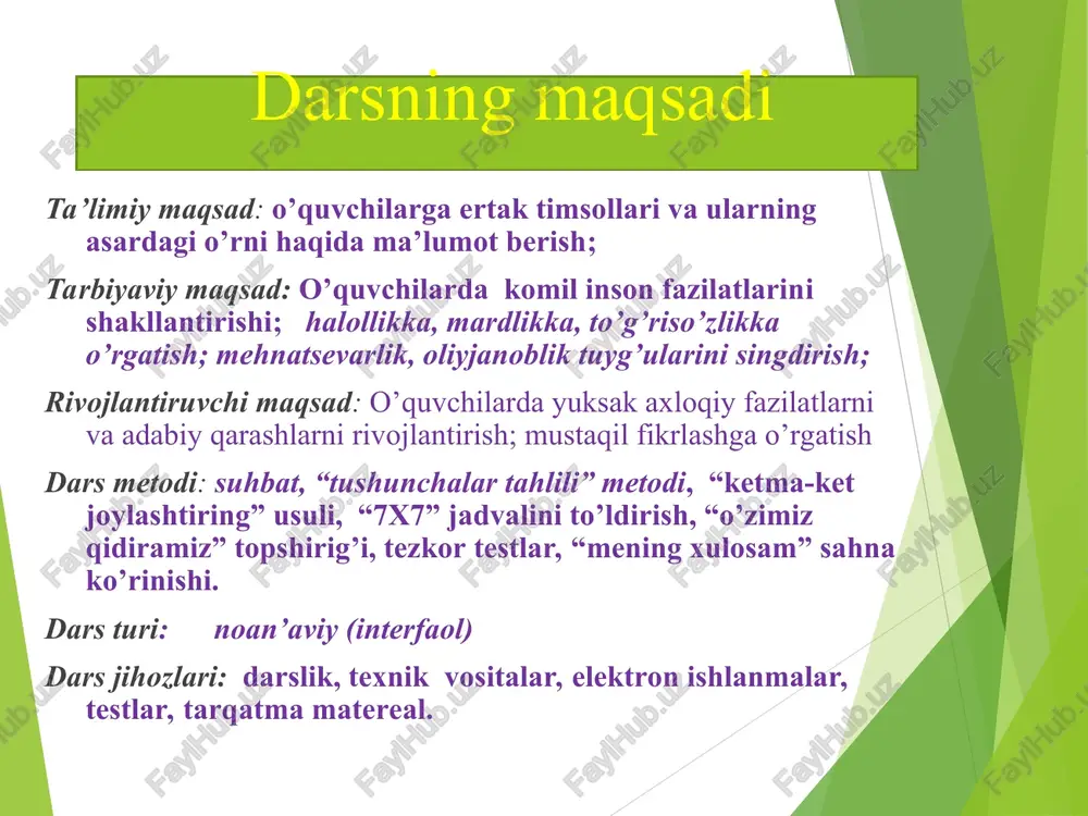 hisoblanadi. ertaklarda ijobiy qahramon, albatta, yovuzlik, adolatsizlik, zulm ustidan g’alaba qozonadi, yaxshilik tantana qiladi. “ketma-ket joylashtiring” usuli: bunda uch og’a-ini botirlarning boshidan kechirgan sarguzahtlari aralash holda berilgan. siz shu sarguzashtlarni ketma-ket joylashtirishungiz kerak bo’ladi (i guruhga) to’ng’ich botir 21, o’rtancha botir 18, kenja botir 16 yoshda ekan. sizlarni uch narsa bilan tarbiya qildim yo’lda ular navbatma-navbat poyloqchilik qilshdi. uch og’a-ini safarga otlandi. sizlarga nasihatim: to’gri bo’ling - bexavotir bo’lasiz, maqtanchoq bo’lmang-xijolat tortmaysiz, dangasalik qilmang- baxtsiz bo’lmaysiz. uch og‘a-ini safarga otlandilar * “ketma-ket joylashtiring” usuli: bunda uch og’a-ini botirlarning boshidan kechirgan sarguzahtlari aralash holda berilgan. siz shu sarguzashtlarni ketma-ket joylashtirishungiz kerak bo’ladi (ii guruhga) bu xonada uch og’a-ini botirlardan boshqa hach kim yo’q edi. shu nonni taxlagan kishining itasi nonvoy ekan. shu go’sht qo’zi go’shti ekan, biroq shu qo’zi it emib katta bo’lgan ekan. podshoh uch og’a-ini botirlarning zakovatiga qoyil qoldi sizga olib qo’ygan eng yaxshi uzumlarimni o’g’irlab olib keta boshladi …