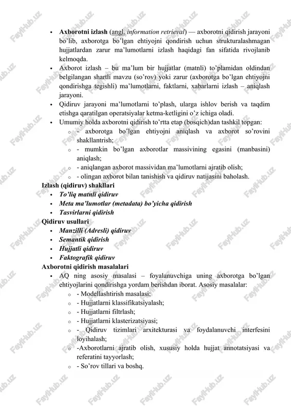 ’rov tillari va boshq. · qidiruv usullarining tipologiyasi · har qanday vazifaga ko'proq yoki kamroq jiddiy yondashish uni hal qilishning mumkin bo'lgan usullarini tahlil qilishdan boshlanadi. internetda ma'lumot izlash bir necha usullardan foydalangan holda amalga oshirilishi mumkin, ular izlash samaradorligi va sifati, shuningdek olinadigan ma'lumot turi bo'yicha ham farqlanadi. ba'zi hollarda siz juda mashaqqatli usullardan foydalanishingiz kerak - natija bunga loyiqdir. · internetda ma'lumot izlashning quyidagi asosiy usullarini ajratishimiz mumkin, ular izlovchilarning maqsadlari va vazifalariga qarab, yakka yoki bir-biri bilan birgalikda ishlatiladi: · resurslarni tahlil qilish va ma'lumot to'plash · resurslarni dastlabki tahlil qilish, agar mavjud bo'lsa, izohlarga va agar kerak bo'lsa, manbaning mazmuni bilan tanishishga asoslangan. tanlangan manbalardan olingan ma'lumotlar ma'lum bir manbaga mos keladigan usullardan foydalanib olinadi, bu sezilarli aloqa, hisoblash va disk resurslarini talab qilishi mumkin. · qisqacha axborot veb-manbalarining quyidagi turlarini ajratish mumkin: · kompaniyalarning tijorat saytlari; · ikkilamchi axborot saytlari; · tahliliy ma'lumot manbalari; · …