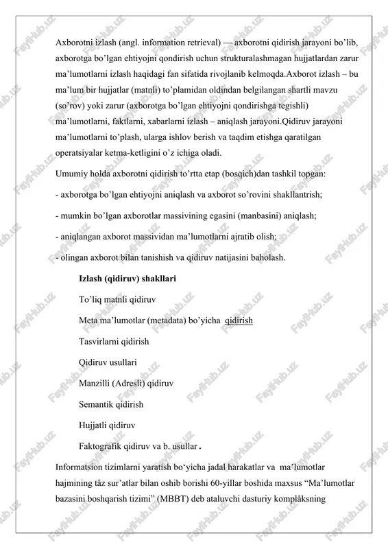 atini, holatini yoki obyåktlar o‘rtasidagi munosabatni ma’lum ma’noda tavsiflaydi. informatsion tizimlarni yaratish bo‘yicha jadal harakatlar va ma’lumotlar hajmining tåz sur’atlar bilan oshib borishi 60-yillar boshida maxsus “ma’lumotlar bazasini boshqarish tizimi” (mbbt) deb ataluvchi dasturiy kompleksning yaratilishiga olib keldi. ma’lumotlar bazasi — biror sohaga oid o‘zaro bog‘langan ma’lumotlar yig‘indisining disk tashuvchidagi tashkiliy jamlanmasidir. boshqacha qilib aytganda, ma’lumotlar bazasi — bu kompyuter xotirasiga yozilgan ma’lum bir strukturali, o‘zaro bog‘langan va tartiblangan ma’lumotlar majmui bo‘lib, u biror bir obyektning xususiyatini, holatini yoki obyektlar o‘rtasidagi munosabatni ma’lum ma’noda tavsiflaydi. ma’lumotlar bazasini boshqarish tizimi (mbbt) — bu dasturiy va apparat vositalarining murakkab majmui bo‘lib, ular yordamida foydalanuvchi ma’lumotlar bazasini yaratishi va shu bazadagi ma’lumotlar ustida ish yuritishi mumkin. mbbt o‘z maxsus dasturlash tillariga ham ega bo‘lib, bu tillarga buyruqli dasturlash tillari deyiladi. mbbtga oracle, clipper, paradox, foxpro, access va boshqalarni misol kåltirish mumkin. mbbt asosiy xususiyatlari — bu nafaqat ma’lumotlarni kiritish va saqlashda ishlatiladigan protseduralar …