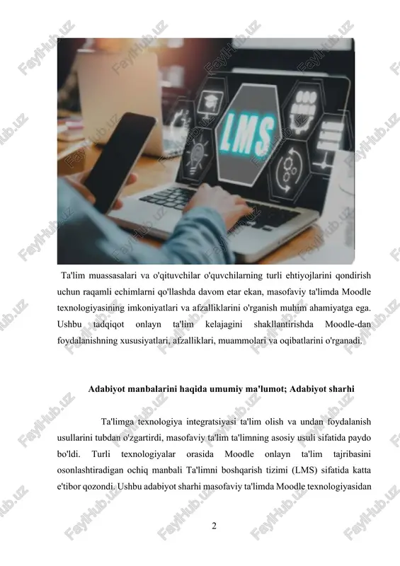 da moodle texnologiyasining imkoniyatlari va afzalliklarini o'rganish muhim ahamiyatga ega. ushbu tadqiqot onlayn ta'lim kelajagini shakllantirishda moodle-dan foydalanishning xususiyatlari, afzalliklari, muammolari va oqibatlarini o'rganadi. adabiyot manbalarini haqida umumiy ma'lumot; adabiyot sharhi ta'limga texnologiya integratsiyasi ta'lim olish va undan foydalanish usullarini tubdan o'zgartirdi, masofaviy ta'lim ta'limning asosiy usuli sifatida paydo bo'ldi. turli texnologiyalar orasida moodle onlayn ta'lim tajribasini osonlashtiradigan ochiq manbali ta'limni boshqarish tizimi (lms) sifatida katta e'tibor qozondi. ushbu adabiyot sharhi masofaviy ta'limda moodle texnologiyasidan foydalanish bo'yicha mavjud tadqiqotlarni o'rganish, uning ta'siri, afzalliklari, muammolari va kelajakdagi istiqbollarini ko'rsatishga qaratilgan. moodlening masofaviy ta'limga ta'siri: moodle moslashuvchan va asinxron ta'limni qo'llab-quvvatlaydigan platformani taklif qilish orqali ta'limga kirishni demokratlashtirishda muhim rol o'ynadi (almaiah, 2018). tadqiqotlar shuni ko'rsatadiki, moodle masofaviy ta'lim dasturlarida o'quvchilarning faolligini, qoniqishini va ushlab qolish darajasini oshirishga hissa qo'shgan (nouri va shahsavarani, 2015). uning foydalanuvchilar uchun qulay interfeysi va hamkorlik vositalari interfaol o'quv muhitini rivojlantirdi va turli sharoitlarda o'quvchilar uchun umumiy …