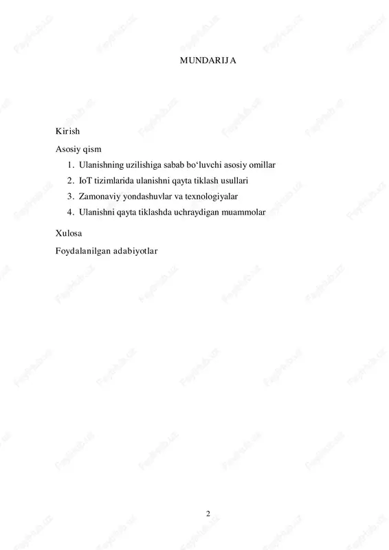 oqda. ayniqsa, “narsalar interneti” (iot — internet of things) texnologiyasi kundalik hayotda, sanoat, sog‘liqni saqlash, transport, energetika, qishloq xo‘jaligi va boshqa ko‘plab yo‘nalishlarda keng qo‘llanilmoqda. iot texnologiyalarining asosiy maqsadi — real obyektlarni internet orqali bog‘lab, ularni avtomatik ravishda boshqarish, holatini kuzatish va ulardan ma’lumotlar yig‘ish imkonini yaratishdan iboratdir. iot tizimlarining samarali ishlashi, avvalo, qurilmalar o‘rtasida barqaror va uzluksiz tarmoq aloqasi mavjudligiga bog‘liq. biroq turli sabablar — fizik to‘siqlar, elektromagnit shovqinlar, dasturiy nosozliklar, qurilmalar quvvatining tugashi yoki xavfsizlik tahdidlari — tufayli iot qurilmalarining tarmoq bilan bog‘lanishida 4 uzilishlar yuzaga kelishi mumkin. bunday holatlar butun tizim ishining izdan chiqishiga, ma’lumotlarning yo‘qolishiga yoki muhim jarayonlarning to‘xtab qolishiga olib keladi. shu boisdan iot tizimlarida ulanishning uzilishini aniqlash va uni avtomatik ravishda qayta tiklash mexanizmlarini ishlab chiqish va joriy etish dolzarb masalaga aylangan. bunday yondashuvlar tarmoq ishonchliligini oshirish, foydalanuvchi aralashuvisiz qurilmalarning o‘z-o‘zini tiklashini ta’minlash, ma’lumotlar uzluksizligini kafolatlash va tizimning umumiy samaradorligini oshirish imkonini beradi. mazkur …