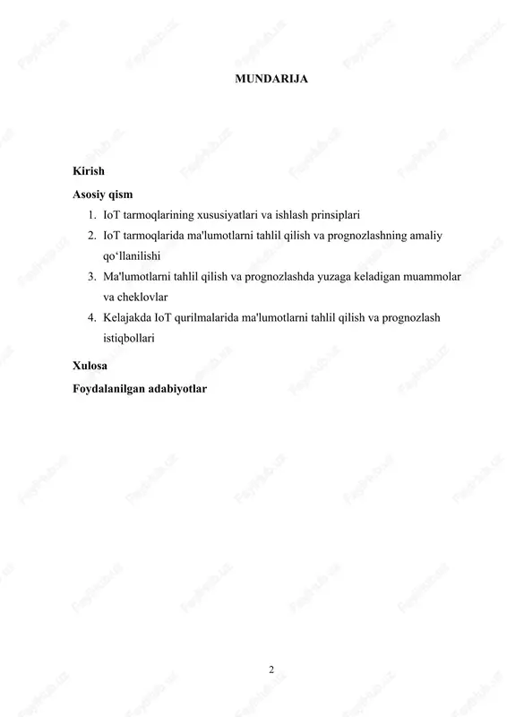 iot tarmoqlarining ishlash samaradorligini oshirish va ularning kelajakdagi rivojlanishiga hissa qo‘shish uchun juda muhimdir. ma'lumotlarni tahlil qilishda foydalanuvchilarning ehtiyojlariga mos keladigan real vaqtda javoblar va qarorlar chiqarish imkoniyati mavjud. masalan, iot tizimlaridagi qurilmalar doimiy ravishda ma'lumotlarni to‘plashadi, va bu ma'lumotlar asosida tizimlarni optimallashtirish va turli holatlarda prognozlar chiqarish mumkin. shu bois, iot tizimlarida ma'lumotlarni tahlil qilish va prognozlash algoritmlarini ishlab chiqish va qo‘llash, ushbu tizimlarning samarali ishlashini ta'minlashda katta ahamiyatga ega. bu ishda iot qurilmalarida ma'lumotlarni tahlil qilish va prognozlashning nazariy asoslari, qo‘llaniladigan algoritmlar va metodlar, shuningdek, bu yondashuvlarning amaliy qo‘llanilishi va yuzaga keladigan muammolar tahlil qilinadi. 1. iot tarmoqlarining xususiyatlari va ishlash prinsiplari iot (internet of things) tarmoqlari, bir-biri bilan bog‘langan va ma'lumot almashadigan turli qurilmalardan tashkil topgan tizimlardir. bu qurilmalar, odatda, internet orqali bir-biri bilan aloqada bo‘lib, real vaqtda ma'lumot yig‘ish, uzatish va tahlil qilish imkoniyatini yaratadi. iot tarmoqlari o‘zining o‘ziga xos xususiyatlari bilan ajralib turadi, bu esa …