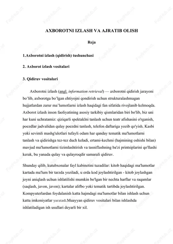uvofiq tuzilgan veb-sahifalarni tahlil qilish natijasini o'z ichiga olgan. talab bu kalit so'z yoki foydalanuvchi qidiruv satriga kiradigan ibora. turli so'rovlarni shakllantirish uchun maxsus belgilar ("", ~), matematik belgilar (*, + ,?) ishlatiladi. axborot olish sxemasi oddiy. foydalanuvchi kalit iborani teradi va qidiruvni faollashtiradi, shu bilan formulalangan (berilgan) so'rov uchun hujjatlar to'plamini oladi. ushbu hujjatlar ro'yxati ma'lum mezonlarga ko'ra joylashtirilgan, shunda ro'yxatning yuqori qismida foydalanuvchi so'roviga eng mos keladigan hujjatlar joylashgan. qidiruv vositalarining har biri qidirish natijalarini tahlil qilishda va indeksni shakllantirishda (veb-sahifalar indekslari bazasini to'ldirishda) hujjatlarni tartiblash uchun turli xil mezonlardan foydalanadi. shunday qilib, siz bir xil dizayndagi har bir qidiruv vositasi uchun qidiruv satrida so'rovni belgilasangiz, turli xil qidiruv natijalarini olishingiz mumkin. foydalanuvchi uchun qidiruv natijalariga ko'ra dastlabki ikki yoki uch o'nlab hujjatlar ichida qaysi hujjatlar paydo bo'lishi va ushbu hujjatlar foydalanuvchining taxminlariga qanchalik mos kelishi katta ahamiyatga ega. axborot izlash vositalari internetda deyarli barcha kerakli ma'lumotlarni topishingiz …