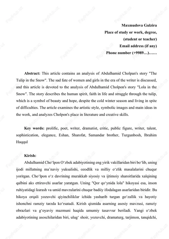 laridan biri bo‘lib, uning ijodi millatning ma’naviy yuksalishi, ozodlik va milliy o‘zlik masalalarini chuqur yoritgan. cho‘lpon o‘z davrining murakkab siyosiy va ijtimoiy sharoitlarida xalqining qalbini aks ettiruvchi asarlar yaratgan. uning "qor qo‘ynida lola" hikoyasi esa, inson ruhiyatidagi kurash va umid mavzularini chuqur badiiy ifodalagan asarlaridan biridir. bu hikoya orqali yozuvchi qiyinchiliklar ichida yasharib turgan go‘zallik va hayotiy ishonchni ramziy tarzda ko‘rsatadi. kirish qismida asarning asosiy mavzusi, ramziy obrazlari va g‘oyaviy mazmuni haqida umumiy tasavvur beriladi. yangi o‘zbek adabiyotining asoschilaridan biri, ulug‘ shoir, yozuvchi, dramaturg, tarjimon, tanqidchi, jamoat arbobu va adib abdulhamid sulaymon o‘g‘li cho‘lpon 1897-yilda andijonda tavallud topgan. u betakror ijodkor sifatida bir xillikdan qochgan va rang-barang ijod qilgan. abdulhamid cho‘lpon shu qisqagina umri davomida sermahsul hayot kechirgan, ijodiy yutuqlarga, yuksak iste’dodi tufayli yuzlab she’rlar, qator nasriy asarlar, dramalar, maqola va tarjimalari tufayli o‘zbek adabiyotimiz xazinasi boyigan. umuman olib aytganda cho‘lpon “sozi” o‘tgan asr 20- yillardanoq sharq-u g‘arbda baralla yangrab, …