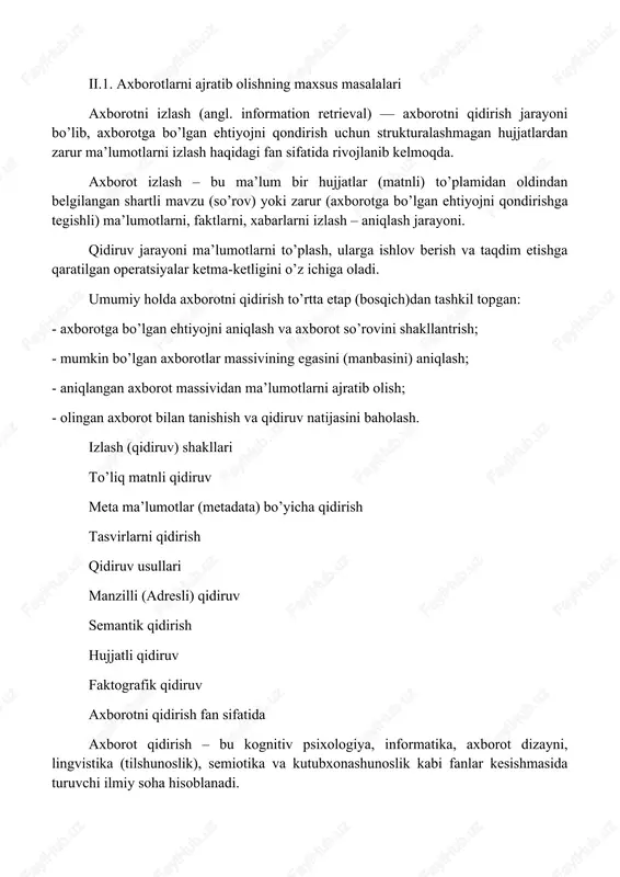 lari aq ning asosiy masalasi – foyalanuvchiga uning axborotga bo’lgan ehtiyojlarini qondirishga yordam berishdan iborat. asosiy masalalar: - modellashtirish masalasi; - hujjatlarni klassifikatsiyalash; - hujjatlarni filtrlash; - hujjatlarni klasterizatsiyasi; - qidiruv tizimlari arxitekturasi va foydalanuvchi interfesini loyihalash; -axborotlarni ajratib olish, xususiy holda hujjat annotatsiyasi va referatini tayyorlash; - so’rov tillari va boshq. samaradorlikni baholash aqt tomonidan topilgan hujjatlar so’rovga qanchalik mos kelishini baholashning ko’plab usullari mavjud. afsuski, so’rovlarning muvofiqlik darajasi, boshqacha aytganda relevantnosti, sub’ektiv tushuncha hisoblanadi, muvofiqlik darajasi esa so’rov bajarilishi natijalarini baholovchi aniq insonga bog’liq. aniqlik (precision) bu aqtlari tomonidan topilgan tegishli hujjatlar sonining topilgan hujjatlarning umumiy soniga nisbati sifatida aniqlanadi: to’liqlik (recall) topilgan relevant hujjatlar sonining bazadagi umumiy relevant hujjatlar soniga nisbati: tushish (qatordan chiqish) (fall-out) fall-out relevant bo’lmagan manbalarni topish ehtimolini tavsiflaydi va topilgan relevant bo’lmagan hujjatlar sonining ma’lumotlar bazasidagi relevant bo’lmagan hujjatlarning umumiy soniga nisbati sifatida aniqlanadi: f-o’lchov (f-measure, van rizbergen o’lchovi) p aniqlik va r …