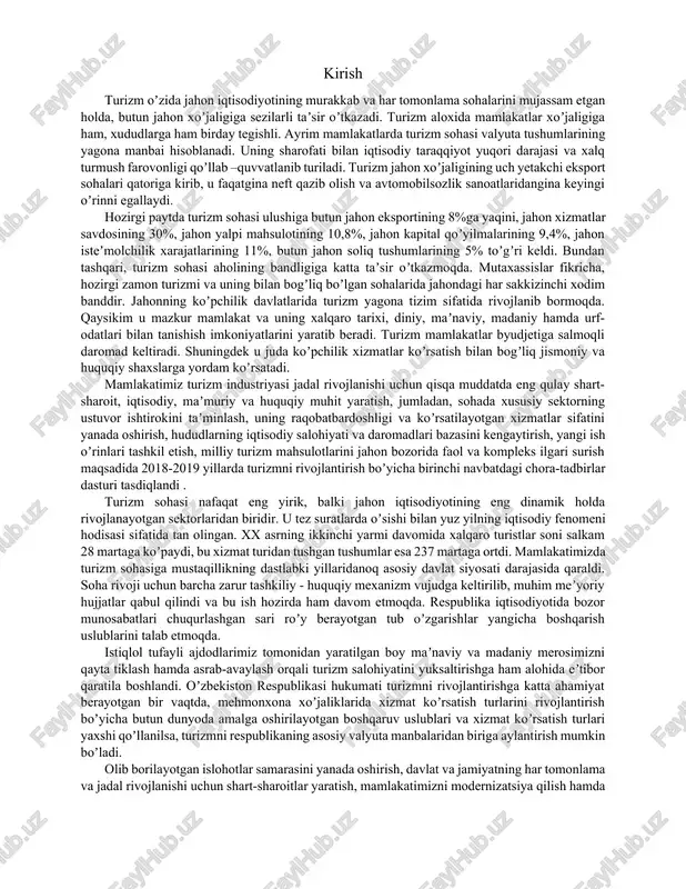 uning raqobatbardoshligi va koʼrsatilayotgan xizmatlar sifatini yanada oshirish, hududlarning iqtisodiy salohiyati va daromadlari bazasini kengaytirish, yangi ish oʼrinlari tashkil etish, milliy turizm mahsulotlarini jahon bozorida faol va kompleks ilgari surish maqsadida 2018-2019 yillarda turizmni rivojlantirish boʼyicha birinchi navbatdagi chora-tadbirlar dasturi tasdiqlandi . turizm sohasi nafaqat eng yirik, balki jahon iqtisodiyotining eng dinamik holda rivojlanayotgan sektorlaridan biridir. u tez suratlarda oʼsishi bilan yuz yilning iqtisodiy fenomeni hodisasi sifatida tan olingan. xx asrning ikkinchi yarmi davomida xalqaro turistlar soni salkam 28 martaga koʼpaydi, bu xizmat turidan tushgan tushumlar esa 237 martaga ortdi. mamlakatimizda turizm sohasiga mustaqillikning dastlabki yillaridanoq asosiy davlat siyosati darajasida qaraldi. soha rivoji uchun barcha zarur tashkiliy - huquqiy mexanizm vujudga keltirilib, muhim meʼyoriy hujjatlar qabul qilindi va bu ish hozirda ham davom etmoqda. respublika iqtisodiyotida bozor munosabatlari chuqurlashgan sari roʼy berayotgan tub oʼzgarishlar yangicha boshqarish uslublarini talab etmoqda. istiqlol tufayli ajdodlarimiz tomonidan yaratilgan boy maʼnaviy va madaniy merosimizni qayta …