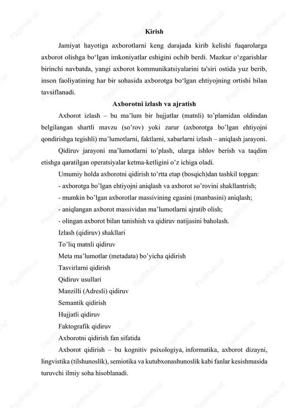asosiy masalasi – foyalanuvchiga uning axborotga bo’lgan ehtiyojlarini qondirishga yordam berishdan iborat. asosiy masalalar: - modellashtirish masalasi; - hujjatlarni klassifikatsiyalash; - hujjatlarni filtrlash; - hujjatlarni klasterizatsiyasi; - qidiruv tizimlari arxitekturasi va foydalanuvchi interfesini loyihalash; -axborotlarni ajratib olish, xususiy holda hujjat annotatsiyasi va referatini tayyorlash; axborotlarni ajratib olishning maxsus masalalari: nomlangan (ya’ni, muhim, tayanch) elementlarni tanish, masalan: odamlar ismi, tashkilot nomlari, geografik nomlar, vaqt va pul birliklari va h.k. anaformalar va o’zaklarning aniqlanishi: bitta va aynan shu ob’etga tegishli (daxldor) bog’liqliklarni aniqlash. bunday bog’lanishlarning xos holatlari – olmoshli anaforalar. atamalarni (terminlarni) ajaratish: berilgan matn uchun kalit so’zlari va iboralarni topish. avto (referat tuzish): matndan semantik, hissiy, baholovchi malumotlarni ajratib olish. bu generativ va deklarativ bo’ladi. sodda bayes algoritmlari haqida ma’lumot bayes algoritmlari 1996 yilidayoq elektron pochtani filtrlash uchun ishlatilgan. garchi sodda bayes filtrlari keyinchalik ommalashib ketmagan bo'lsa-da, 1998 yilda istalmagan elektron pochta muammolarini hal qilish uchun bir nechta dastur chiqarildi. bayes …