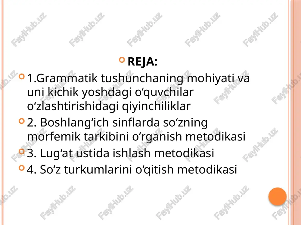 imchalar bo’lib, -lar ko’plik ma’nosini, -imiz egalikning i shaxs ko’plik ma’nosini, -ni tushum kelishigi ma’nosini ifodalaydi. boshlang’ich sinf ona tili darslarida so’z tarkibi va yasalishini o’rganish metodikasi boshlang’ich sinflar ona tili dasturiga muvofiq so’zning morfemik tarkibi iii sinfda o’rganiladi. iv sinfda so’z turkumlarini o’rganish bilan bog’liq holda so’zning tarkibi haqidagi bilimlarni takomillashtirish ko’zda tutiladi. avvalo, til materialini o’rganish tizimi nimaligini aniqlab olish zarur. til materialini o’rganish tizimi deganda aniq, ilmiy asoslangan izchillikdagi va o’zaro bog’lanishdagi bilimlar yig’indisini o’zlashtirishni ta’minlaydigan maqsadga qaratilgan jarayon, shuningdek, shu asosda amaliy ko’nikmalarni shakllantirish tushuniladi. so’zning morfemik tarkibiga tatbiq qilganda, tizim so’z yasalishiga oid va grammatik bilimlarni o’zlashtirish: a) dastur materialini o’rganish tizimida so’zning morfe­mik tarkibini o’rganishning o’rni bilan; 2) “o’zak”, “o’zakdosh so’z”, “so’z yasovchi qo’shimcha”, “shakl yasovchi qo’shimcha” tushunchalari ustida ishlashdagi izchillik bilan; 3) so’zning morfemik tarkibi va so’z yasalishining o’zaro bir-biriga ta’sir qilishi bi­lan; 4) morfemalarni to’g’ri yozish malakasini shakllantirish us­tida ishlash bilan bog’liqligini …