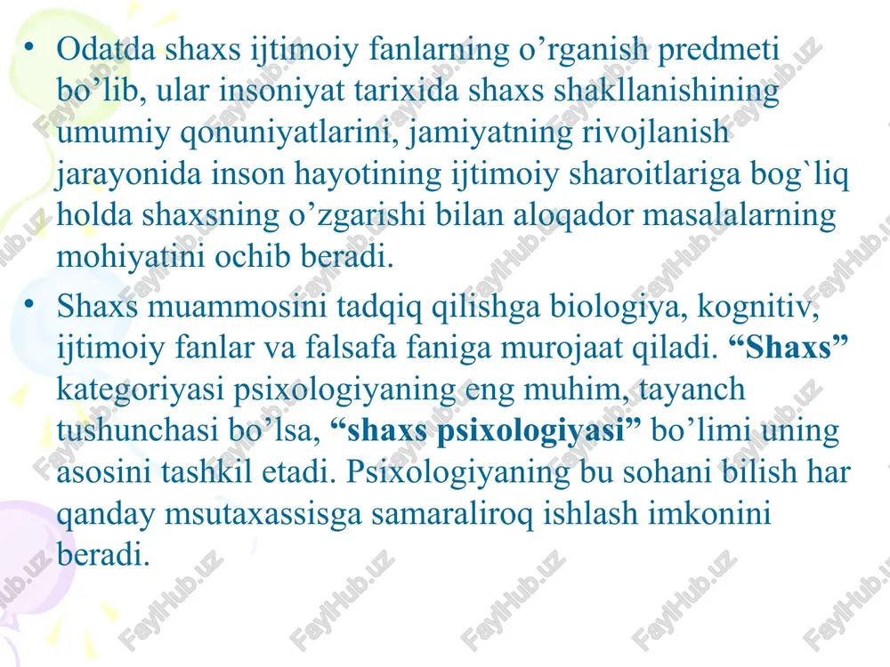 va xulq-atvorini o’rganishga bag`ishlangan edi. dastlabki ta`riflarga ko’ra shaxs o’z tarkibiga barcha xususiy narsalarni uning biologiyasi, psixologiyasi, mol-mulki, xulq-atvori, madaniyati va boshqalarni oladi. badiiy ijod, falsafa va boshqa ijtimoiy fanlarda bunday qarash to’liq o’z tasdig`ini topgan. biroq psixologiya uchun bunday ta`rif juda kengdir. klinik davr. xix asrning birinchi o’n yilligida shaxs psixologiyasi muammosi bilan ko’proq shifokor-psixiatrlar shug`ullanishgan. ular birinchilardan bo’lib klinik sharoitlarda bemor shaxsini tizimli kuzatish olib borishga muvaffaq bo’lishgan, inson shaxsining tabiati to’g`risida umumilmiy xulosalar chiqarishgan. klinik davrda alohida fenomen sifatida shaxs haqidagi tasavvurlar qisqartirib yuborilgan. psixiatrlarning diqqat markazida bemor kishilarda kuzatilgan shaxs xususiyatlari turgan. keyinchalik aniqlanishicha, sog`lom kishilarda kuchsiz ifodalangan xususiyatlar bemorlarda juda kuchli (gipertrofiya) holatida bo’ladi. shifokor- psixiatrlarning shaxsga bergan ta`rifi bilan normal, patologiyaga ega va aktsentuatsiyaga ega kishilarni ham tavsiflash mumkin. bunday ta`riflar psixoterapevtik vazifalarni echish uchun to’g`ri bo’lishi mumkin, biroq normal shaxsning mohiyatini anglash uchun torlik qiladi. eksperimental davr. xx asrning birinchi o’n yilligida shaxsni …