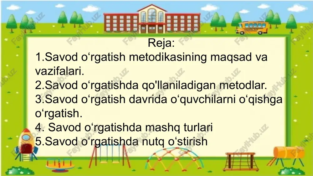 ksincha, tovushlar harflarga aylantiriladi. bu o‘qish va yozish faoliyatida o‘quvchi uchun qiyinchilik tug‘dirgandek tuyulsa-da, aslida o‘qish va yozish jarayonini soddalashtiradi, chunki tilimizdagi tovushni ifodalovchi harflar soni uncha ko‘p emas. o‘qish va yozishni o‘zlashtirish uchun tovush va harflarning o‘zaro munosabatiga oid qoidalarni o‘zlashtirish kifoya. savod o‘rgatish metodikasida o‘zbek tili tovushlar va harflar tizimining o‘ziga xos xususiyatlarini hisobga olish talab etiladi. o‘zbek tilining tovush tizimi va yozuvi. o‘zbek tili yozuvi fonematik yozuv hisoblanadi. 1993 yildan boshlab o‘zbek tili yozuvi uchun lotin grafikasi asos qilib olindi. nutqning har bir tovushi uchun unga mos grafik shakl qabul qilindi. savod o‘rgatishda qo'llaniladigan metodlar. ona tili metodikasining tekshirish usullari. amaliy fanlar uchun amaliyot muhim rol o‘ynaydi. ona tili o‘qitish metodikasi ham amaliy fanlar sirasiga kiradi. har qanday amaliy xulosalar ishonarli bo‘lishi, yuqori ilmiy darajada ya’ni puxta, asosli bo‘lishi lozim. metodika tavsiyalarini ham yuqori saviyada, ilmiy darajasi, nazariy tasdiqlanishi tekshirish metodlarining puxta o‘tkazilishiga bog’liq. tekshirish metodlari 2 …