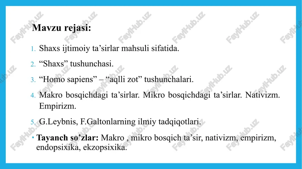 i bilan aytganda, tabiiy tanlanish jarayonida er yuzida saqlanib qolgan minglab millat va elatlarning keyingi davrdagi taraqqiyoti ko'proq biologik omillardan ko'ra, ijtimoiy-sotsial omillar ta'sirida ro'y bermoqda. shuning uchun ham xar bir individni yoki shaxsni o'rganish masalasi uning bevosita ijtimoiy muhiti va uning ijtimoiy normalari doirasida o'rganishni taqozo etadi m.g.davletshin tahriri ostida chiqqan "psixologiyadan qisqacha izohli lug’atda" individ bo’linmas, ayrim jins, shaxs ma'nolarini anglatib, biologik turga kiruvchi alohida tirik mavjudot sifatida ko’rsatib o’tiladi. keltirilgan ta'riflardan shuni xulosa qilish mumkinki shaxs deb muayyan jamiyatda yashovchi faoliyatning biror turi bilan shug’ullanuvchi, kishilar bilan normal til orqali munosabatga kirishuvchi ongli individga aytiladi. individ sifatida dunyoga kelgan odam ijtimoiy muhit ta'sirida keyinchalik shaxsga aylanadi, shuning uchun bu jarayon ijtimoiy-tarixiy xususiyatga egadir. dunyoga kelayotgan chaqaloqning gavda tuzilishi unda tik yurish uchun imkoniyatining mavjudligini taqozo etsa, miyasining tuzilishi aql-hushining rivojlanishi uchun imkoniyat tug’diradi, qo’llarining shakli shamoyili mehnat qurollaridan foydalanish istiqbollarining mavjud-ligini ko’rsatadi. yuqorida aytilganlarning barchasida chaqaloqning inson …