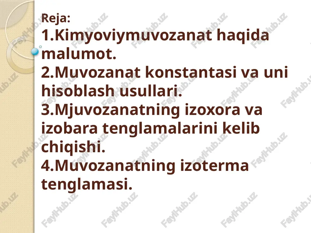 muvozanat konstantasi kichik bo’lsa, muvozanat chapga siljigan bo’ladi. konsentratsiya bosim. gazlar ishtirok etmaydigan sistemalardagi muvozanatga bosimning ta’siri unchalik sezilarli emas. harorat. konsentrasiya va bosimdan farq qilib, haroratning o’zgarishi muvozanat konstantasiga ta’sir ko’rsatadi. yana shuni qayd etamizki, haroratning oshishi reaksiya tezligini ham oshiradi. katalizator esa muvozanatga ta’sir etmaydi. qaytar reaksiyalarda u to’g’ri va teskari reaksiyalarning tezliklarini bir xilda oshiradi. bundan tashqari katalizator reagentlar va reaksiya mahsulotlarining konsentrasiyasiga ta’sir etmaydi. yuqorida ko’rib o’tilganidek, kimyoviy reaksiya muvozanat qaror topgancha davom etadi. reagentlarning dastlabki tarkibiga bog’liq ravishda yoki to’g’ri reaksiya yoki teskari reaksiya o’z-o’zidan boradi. reaksiyaning mumkin bo’lgan yo’nalishini reagentlar dastlabki tarkibi bilan bog’lashga izoterma tenglamasi imkon beradi. izoterma tenglamasini keltirib chiqarish uchun quyidagi reaksiyani qarab chiqamiz: υaa + υbb υcc + υdd kimyoviy reaksiyaning izoterma tenglamasi kimyoviy reaksiya izoterma tenglamasi muvozanat paytida bo’ladi, u holda tenglamaning o’ng tomoni izoterma tenglamasi izoterma tenglamasi tashqi sharoit o’zgargan paytda kimyoviy muvozanat ham o’zgaradi, ya’ni u dinamik …