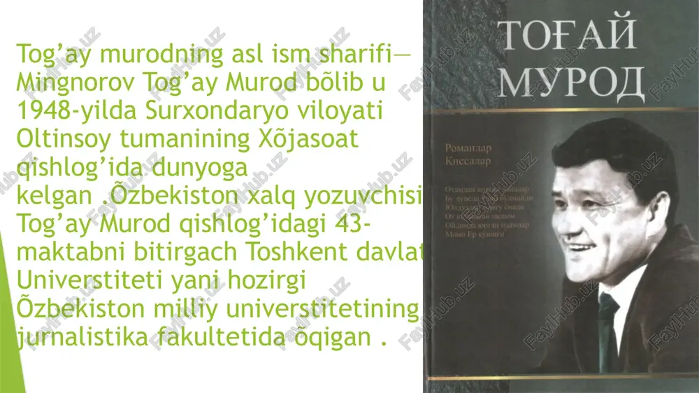 iy roman bõlib,muallif õz romanida sobiq shõrolar davrida yashab õtgan butun umri dalada ketmon chopib,serquyosh yurtida yelkasi oftob kõrmagan qut –barokat yurtida kosasi oqarmagan munis õzbek xalqi siymosi dehqonqul timsolida badiiy talqin etadi.õzbek adabiyotshunoslarining tahlilicha tog’ay murodning ilk romani ,,otamdan qolgan dalalar”õzbek milliy adabiyoti tarixida muxim hodisa bõlgan. asarni yozishga kirishar ekan yozuvchi õzini,õzining hayoti haqidagi bilim,tasavvurlarini qayta tanqidiy taftishdan õtkazadi. shu paytga qadar amal qilingan ijodiy aqidalarga sodiq qolgan holda qishloq hayoti,oddiy odamlar turmushini õzgacha nigoh bilan anglash yolini tutadi.mustabit tuzum sharoitida oddiy zahmatkash mehnat ahli,ayni õsha noyob fazilatlari— tõg’risõzligi,mehnatkashligi,halolligi,odob-andishasi tufayli xor bõlayotganligini adib chuqur alam-iztirob bilan tasvirlaydi. asarda ijtimoiy ruh— pafos keng kõlam kasb etadi. roman markazida dehqonqul taqdiri turadi.asar voqealari hayoti,ruhiy dunyosi kindik qoni tõkilgan muqaddas tuproq bilan bog’liq ,õzbekning ramzi degulik mehnatkash inson—bosh qahramon dehqonqul tilidan sõzlab beriladi. dehqonqul obrazi— õzbek adabiyotida badiiy kashfiyot hisoblanadi. dehqonqul sovet davri adabiyotida zavq-shavq bilan qalamga olingan mehnat qahramonlariga parodiya …