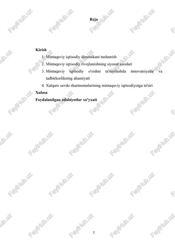 alaridan tortib, rivojlanayotgan bozorlarning yangi yo'laklarigacha, maqola saboqlar, tushunchalar va eng yaxshi amaliyotlarni olish uchun turli kontekstlarni kezadi. asosan, ushbu hujjat hukumatlar, siyosatchilar va manfaatdor tomonlarning mintaqaviy iqtisodiy traektoriyalarni shakllantirishdagi hal qiluvchi rolini ta'kidlaydi. u mintaqaviy ekotizimlarning murakkabligini tan oladi va bitta o'lchamdagi barcha echimlar ko'pincha etarli emasligini tan oladi. buning o'rniga, u mintaqaviy kuchli tomonlardan foydalanadigan, tizimli muammolarni hal qiladigan va inklyuziv o'sishni rag'batlantiradigan moslashtirilgan siyosat asoslarini qo'llab-quvvatlaydi. 1. mintaqaviy iqtisodiy dinamikani tushunish mintaqaviy iqtisodiy dinamikani tushunish muvozanatli o'sishni rag'batlantirish, nomutanosiblikni kamaytirish va barqaror rivojlanishni rag'batlantirishga qaratilgan samarali siyosatni shakllantirish uchun asosiy hisoblanadi. hududlar, geografik chegaralar yoki funktsional xususiyatlar bilan belgilanadigan bo'lsin, o'ziga xos iqtisodiy tuzilmalarni, harakatlantiruvchi omillarni va qiyinchiliklarni namoyish etadi. ushbu dinamikani tahlil qilish iqtisodiy, ijtimoiy, siyosiy va ekologik omillarni o'z ichiga olgan ko'p qirrali yondashuvni o'z ichiga oladi. ushbu bo'limda mintaqaviy iqtisodiy dinamikani tushunish uchun zarur bo'lgan asosiy elementlarning umumiy ko'rinishi keltirilgan: iqtisodiy tuzilma : mintaqalar …