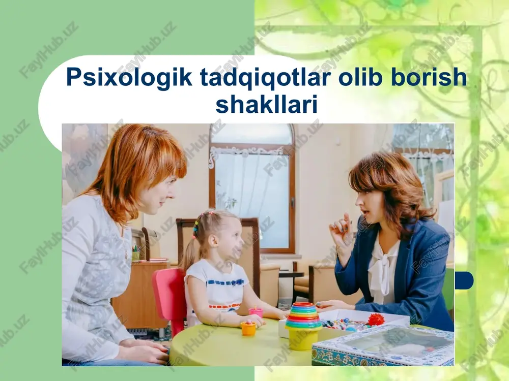 i asosiy va yoidamchi metodlarga ajratiladi. asosiy metodlar — kuzatish va eksperiment — bola taraqqiyoti haqida ishonchli ma’lumot bera oladi. yordamchi metodlar — test, so‘rov, faoliyat mahsullarini o‘iganish — tasvirlovchi maiumot berib, bu maiumot asosida faqatgina taxminlami ilgari surish mumkin boiadi. kuzatish — psixologik tadqiqotning asosiy empirik metodlaridan biri boiib, psixik hodisalami maqsadga muvofiq va tizimli ravishda idrok etishga asoslangandir. kuzatish — tadqiqot vazifalaridan kelib chiqib maxsus tashkil etilgan idrok jarayonidir. kuzatish quyidagi talablaiga javob berishi kerak: 1. kuzatishdan oldin uning maqsadi aniq belgilanishi kerak: bola psixikasi, xulq-atvori va faoliyatining qaysi tomonlari kuzatilishini aniqlashtirish lozim. 2. kuzatish ob’ektiv bo‘lishi kerak: kuzatishda faqat u yoki bu holat, hodisani qayd etish, uni sub’ektiv talqin etishga o‘tmaslik lozim. 3. kuzatish muntazam, katta vaqt oraliqlarisiz o‘tkazilishi kerak. eksperiment — ilmiy bilishning asosiy metodlaridan biri. uning kuzatishdan asosiy farqi shundaki, unda tadqiqotchi o‘rganilayotgan vaziyatga faol ta’sir ko‘rsatadi, bir yoki bir necha o‘zgaruvchilar bilan manipulyatsiyani amalga …