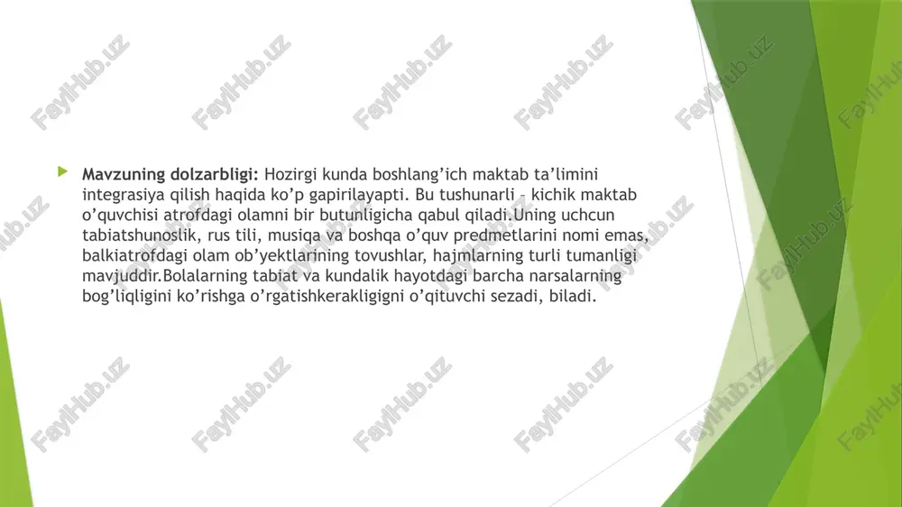 llari va yo‘llari asosida: o‘quv rejasidagi o‘rni asosida: kursni o‘rganishda sarflangan vaqt asosida: o‘quvchilar uchun qiyinli darajasi asosida va h.k. shuni e’tiborga olamizki, bu kurslarning mualliflari odatda o‘z oldilariga bir necha maqsad va muammolarni echish masalasini qo‘yadilar, shu sabali kurslar ko‘p maqsadli, turli vazifali bo‘ladi. keng integrasiya jarayoni oldingi ilmiy yo‘nalishlarni bog‘lovchi yangi tabiiy fanlar va ilmity yo‘nalishlar hosil bo‘lishiga olib keladi. boshlang‘ich sinflarda ekologik ta’limni kuzatib, o‘qish , tabiatshunoslik, mehnat (tabiiy materiallar bilan ishlash), rasm fanlarida ekologik mavzular kiritilgani ko‘riladi. bir- biriga yaqin chegradosh fanlarning qatoriga malekulyar biologiya, biofizika, giofizika, biokimyo, astrofizika, astrokimyo kiradi. bu fanlar asosida maktab integrativ tabiiy fanlari tuziladi. boshlang‘ich ta’limning pedagogikasi integrativligining muhim qismi arxeologii, etnografik, san'atshunoslik o‘z ichida teranlikni belgilovchi muxim omildir. umumta’lim maktablarida barcha fanlarning o‘qitilishi bugungi kun o‘smirlarimizning ijobiy munosabatlarini shakllantirishda yordam beradi. o‘smir yoshdagi o‘quvchilarning shaxsi va ularning kamoloti muammosi taraqqiy etayotgan va o‘z taraqqiyotida yuksak cho‘qqiga intilayotgan jamiyat o‘zi eng …