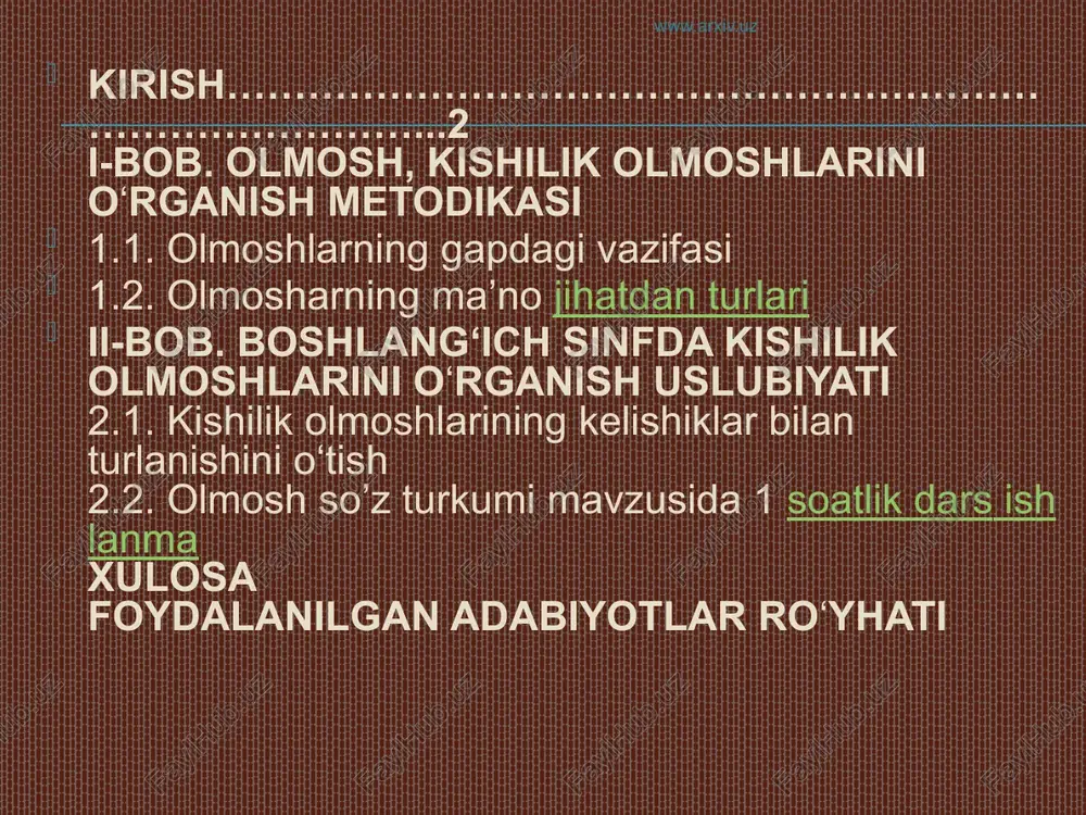 n bo’lsak). www.arxiv.uz qadimgi turkiy tillarda olmoshlar. www.arxiv.uz ko’rsatish olmoshining turlanishi. birligi: -bu; bunї/munї bunuη/munuη bunda/munda buηar/muηar. ko’pligi:bular;bularnї/bularnїη/bularqa/bularda/bulardїn. qadimgi turkiy tillarda olmoshlar. jamlash-belgilash olmoshi: - qamug’/qamag’. (hamma) - qamag’ї (hammasi) - barї (bari) www.arxiv.uz olmoshlarning bugungi kundagi ko’rinishi. olmosh (almashmoq)- boshqa so’zlar, so’z birikmasi, gap hatto matn o’rnida almashib qo’llanuvchi, ularga ishora qiluvchi so’zlarga aytiladi. olmosh so’roq bildiruvchi so’zlar hamdir. olmoshning o’ziga xos atash ma’nosi yo’q, leksik ma’nosi yo’q, lug’aviy ma’nosi yo’q, so’roqlari yo’q, sinsintaktik vazifasi yo’q. www.arxiv.uz olmoshlarning bugungi kundagi ko’rinishi. olmosh qaysi so’z o’rnida kelsa, qaysi so’zga ishora qilsa uning so’rog’iga javob bo’ladi. uning sintaktik vazifasini bajaradi. uning atash ma’nosiga ega bo’ladi. so’z o’rnida: muhammad darsga kelmadi. u betob ekan. so’z birikmasi o’rnida: azizda qiziqarli kitoblar ko’p. karimda ham shundaylari ko’p. gap o’rnida: orzum shul: o’chmasin yongan chirog’ing. www.arxiv.uz olmoshning bugungi kundagi ko’rinishi. www.arxiv.uz 2.o’zlik olmoshi. olmoshning ma’noviy turlari: 3.so’roq olmoshlari. 1.kishilik olmoshi. 5.bo’lishizlik olmoshi. 7.ko’rsatish olmoshlari. 4.gumon …
