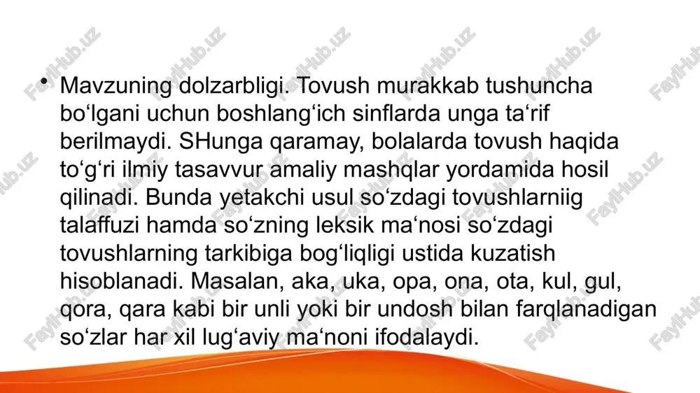 onida real talaffuz qilingan, qulog‘imiz bilan eshitgan eg kichik va boshqa mayda bo‘lakka bo‘linmaydigan nutq parchasidir. biz tovushlarni aytamiz va eshitamiz. og‘zaki nutqning tovush tizimini o‘rganadigan tilshunoslik bo‘limi fonetika (yunoncha-phone ―tovush‖degani)deyiladi. harf- tovushning yozuvdagi shartli belgisidir. harflarni ko‘ramiz, yozamiz, o‘qiymiz. harflar fonemalarning yozuvdagi aksi, tasviridir. savod o'rgatishda tovush-harf bilan tanishtirish unlilardan boshlanadi. hozirgi o‘zbek tilida 6 ta unli fonema mavjud: a, o, i, e, u, o’. ma‘lumki, nutq tovushlari ikki katta guruhga bo‘linadi: unli tovushlar va undosh tovushlar. buni o‘quvchilarga tushuntirishda ularning quyidagi belgilari hisobga olinadi: 1.talaffuz qilinish usuli (unli tovush talaffuz qilinganda havo oqimi og‘iz bo‘shlig‘idan erkin ravishda o‘tadi, undosh tovush talaffuz qilinganda, havo og‘iz bo‘shlig‘ida to‘siqqa uchraydi); 2.ovoz va shovqinning ishtiroki (unli tovushlar faqat ovozdan iborat, undosh tovushlar talaffuz qilinganda shovqin eshitiladi, ba‘zan shovqin va qisman ovoz eshitiladi); 3.bo‘g‘in hosil qilish xususiyati (unli tovushlar bo‘g‘in hosil qiladi, undosh tovushlar bo‘g‘in hosil qilmaydi). o‘quvchilar ko‘pincha tovush bilan harfni aralashtirib, …