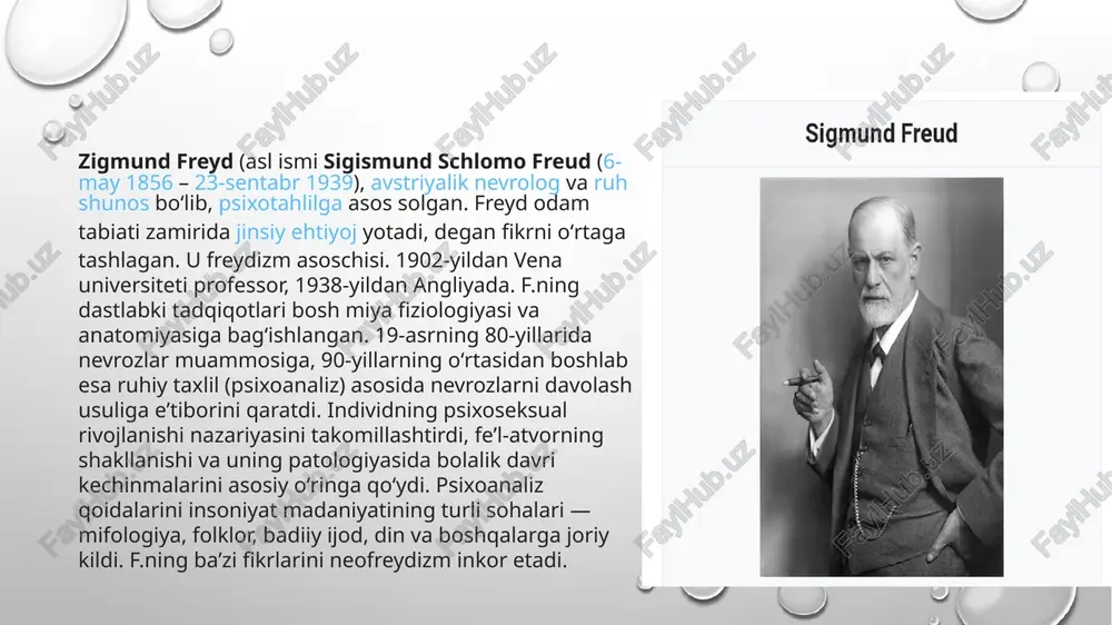 bemor o'zining barcha fikrlarini, birlashmalarini, orzularini aytishi kerak. psixoanalistning vazifasi eshitganlarini tahlil qilishdir. psixoanaliz tarixi psixoanaliz tarixi 1880 yilga borib taqaladi, ya'ni venalik shifokor j. breyer o'rtoq z. freyd bilan gipnoz seansidan keyin isteriya alomatlaridan tuzalib ketgan bemor haqidagi ajoyib voqeani aytib bergan kunlarda. qabulda u o'zi bilan sodir bo'lgan chuqur travmatik voqeani aytib berishga muvaffaq bo'ldi. natijada kuchli hissiy reaktsiya paydo bo'ldi. katarsis simptomlarni sezilarli darajada yumshatishga olib keldi. bemor gipnoz holatidan chiqqanida, u o'z e'tiroflarini eslay olmadi. freyd o'z bemorlari bilan texnikani qo'llashga qaror qildi - breuerning natijalari tasdiqlandi. hamkorlar o'zlarining topilmalarini the hysteria study umumiy nashrida baham ko'rishdi va isteriya alomatlari qandaydir travmatik hodisaning bostirilgan xotiralari tufayli yuzaga kelishini ta'kidladilar. qiyin vaziyat ongdan chiqib ketishga majbur bo'ladi, lekin bemorga ta'sir qilishda davom etadi. psixoanalist dastlab edip kompleksini nevrozlarning asosiy sababi deb hisobladi. alomat bolaning behush harakatlari qatag'on bilan o'rnatilgan to'siqni buzish bilan tahdid qilgan paytlarda shakllana boshlaydi, …