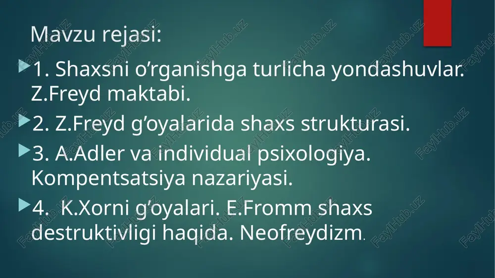 ki muvozanatni saqlovchi tendensiya sanaladi. “men (ego)”-ong–doimiy ravishda “u” bilan nizoda bo‘ladi, shahvoniy mayllar ta’sirida bo‘ladi. u jamiyat ta’siri ostida shakllanadi. menga u, kayvoniy men va insonga o‘z talabalarini qo‘yuvchi jamiyat iborat uchta kuch 216 ta’sir ko‘rsatadi. men ular o‘rtasidagi uyg‘unlikni ta’minlashga harakat qiladi, qoniqish emas, balki reallik tamoyiliga bo‘ysunadi. “kayvoniy men” axloqiy standartlarni tashuvchi, shaxsning bu qismi tanqid, senzura, vijdon rolini bajaradi. agar men u ga mos harakatni amalga oshirsa yoki unga mos qaror qabul qilsa, kayvoniy men unga qarshi chiqadi.natijada aybdorlik, uyat, vidjon ta’nalari ko‘rinishidagi jazoni boshdan kechiradi. shaxs strukturasi . psixologiyada shaxsning himoya mexazmlar to‘g‘risidagi qarashlarning tub ildizi z.freydning shaxs nazariyasi borasidagi izlanishlariga borib taqaladi. freydning psixodinamik konsepsiyasiga ko‘ra shaxs tuzilmasi va himoya mexanizmlari ma’lum tizimlashtirilgan. z.freyd bo‘yicha shaxs tuzilmasi uchta tarkibiy komponentlardan iborat: “id”sohasi-bu shaxsning instinktli jihati bo‘lib, unda shaxsning eng kuchli instinktlari o‘rin olgan. ular shaxs xulq-atvorini to‘g‘ri va chet yo‘llar bilan aniqlash va namoyon …
