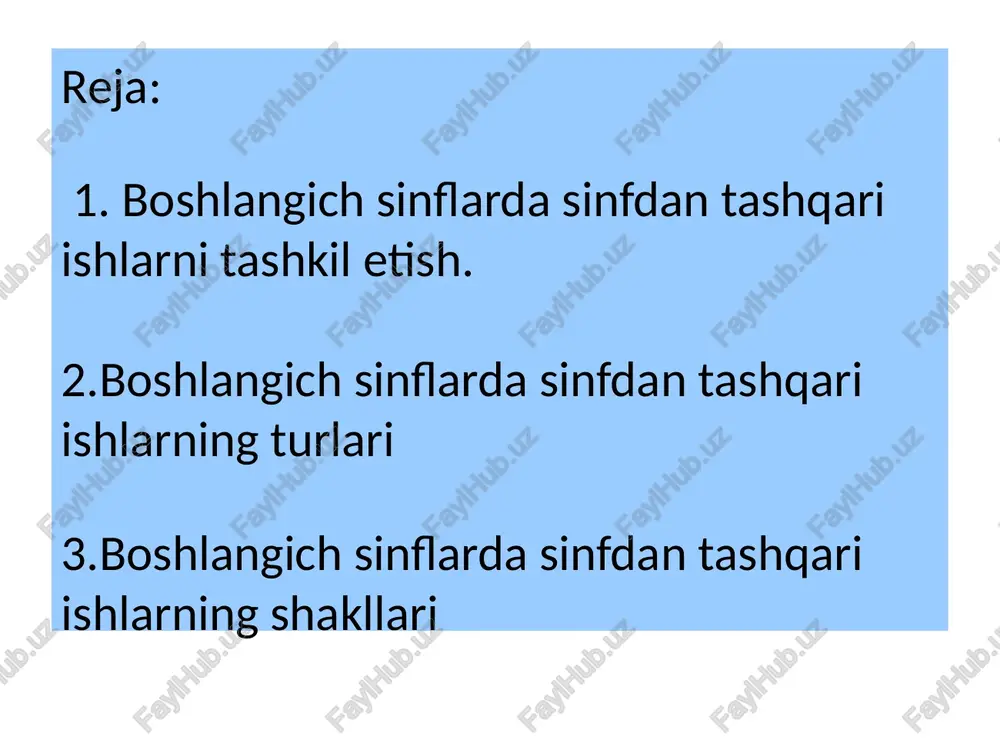 an tashqari qoshimcha adabiyotlardan ham foydalanish mumkin; togarakka azo bolish ixtiyoriy, ammo uning mashgulot-larida ishtirok etish majburiydir; togarak azolari 20 tadan oshmasligi lozim; boshlangich sinflarda togarak mashgulotlari birinchi sinfning ikkinchi yarim yilligidan boshlanadi. togarak uchun ajratildan soat: 1-sinf : 17 soat (haftada bir marta) 2-4-sinflarda: 34 soat (haftada bir marta) boshlangich sinflarda sinfdan tashqari ishlarning shakllari 14 og`zaki ish usullari. turli axborotlar, majlislr, ertalabki yig`inlar, maruzalar, kitobxonlar konferensiyalari, munozaralar, uchrashuvlar, og`zaki gazetalar, radiojurnallar. 2. amaliy ish olib borish usullari, turli joylarga sayyohatlar, sport musobaqalari, olimpiada, iztoparlar ish foaliyati, yosh tabiatshunoslar togaraklari, shanbaliklar. 3. korgazmali ish usullari. maktab muzeylari, urush va mehnat qahramonlari xonasi, yangi kitoblar korgazmalari. tarbiyaviy ish pedagogdan butun qolibiliyatini ishga solishni, tinmay izlanishni taqozo etadi. chunki kelajak avlod tarbiyalangan, uyushgan, ahil, jonajon vatanimizning haqiqiy fuqarolari bolishlari lozim. sinfdan va maktabdan tashqari tashkil qilingan ishlar – oquvchilar hayotidagi tarbiyaviy faoliyatni toldiradi. ularning dunyoqarashini tog`ri shakllanishiga, axloqiy kamol topishiga komaklashadi. …