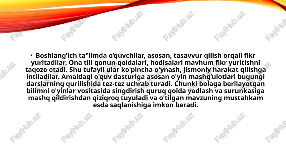 adi.bu o'yinlarni mavzu o'rganilgach, darsning mustahkamlash bosqichida o'tkazish maqsadga muvofiq bo'ladi. quyida 3-4-sinflarda “fe‟l so'z turkumi” mavzusini o'rganish darslarida qo'llaniladigan ta‟limiy o'qinlardan namunalar keltiramiz: “so'zlar zanjiri “ o'yini ushbu o'yinni boshlang„ich sinflarning hammasida o'tkazish mumkin. u o'quvchilarning har bir so'zga, uning tuzilish tomoniga e‟tibor berilishini taqozo etadi. o'yinni o'tkazish uchun istalgan bir so'z olinadi. tanlangan so'z qaysi tovush bilan tugasa, keyingi so'z o'sha tovush bilan boshlanishi zarur. o'quvchilar kerakli so'zni tez topishadi va o'z ijodining natijasini birdan ko'ra oladi. bu ularga ma‟lum darajada zavq beradi. o'yin qiziqarli bo'lishi uchun bir qator o'quvchilar o'rtasida yoki alohida guruhlar orasida o'tkazilsa yanada yaxshi bo'ladi. bu o'yin fe‟l so'z turkumini o'tishda quyidagicha o'tkaziladi: yugurdi, izla, alqamoq,qildi, ishondi, ilhomlan.... so'zlar zanjiri o'yinini aniq mavzularda ham o'tkazish mumkin. fikrlash faoliyati rivojlangan va so'z zahirasi boy bo'lgan o'quvchilar orasida bunday o'yinlarni o'tkazsa bo'ladi. o'quvchilar bu o'yinni bajarish bilan ma‟lum bir so'z turkumi yuzasidan bilimlari ham mustahkamlanib boradi. …