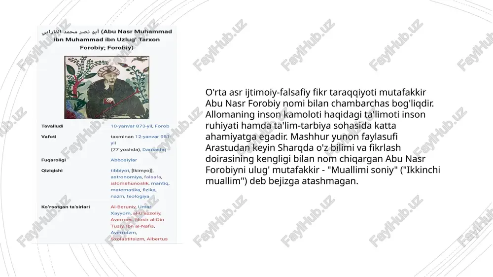 atga erishuv to'g'risida", "ixso-al-ulum", "ilmlarning kelib chiqishi", "aql ma'nolari to'g'risida" kabi asrlarida ijtimoiy-tarbiyaviy qarashlari o'z ifodasini topgan. forobiy o'z ishlarida ta'lim-tarbiyani uzviy birlikda olib borish haqida ta'lim bergan bo'lsa ham, ammo har birining insonni kamolga yetkazishda o'z o'rni va xususiyati bor ekanligini alohida ta'kidlaydi. forobiy "baxt-saodatga erishuv to'g'risida" asarida bilimlarni o'rganish tartibi haqida o'zining bir qancha fikrlarini bayon etgan. uning ta'kidlashicha, avval bilish zarur bo'lgan ilm o'rganiladi, bu - olam asoslari haqidagi ilmdir. uni o'rgangach, tabiiy ilmlarni, tabiiy jismlar tuzilishini, shaklini, osmon haqidagi bilimlarni o'rganish lozim. undan so'ng, umuman, jonli tabiat o'simlik va hayvonlar haqidagi ilm o'rganiladi, deydi. uning fikricha inson kamolotga yolg'iz o'zi erisha olmaydi. u boshqalar bilan aloqada bo'lish, ularning ko'maklashuvchi yoki munosabatlariga muxtoj bo'ladi. shuningdek, tarbiya jarayoni tajribali pedagog, o'qituvchi tomonidan tashkil etilishi muhumdir. chunki har bir odam ham baxtni va narsa hodisalarni o'zicha bila olmaydi. unga buning uchun o'qituvchi lozim. farobiyning eʼtiborga sazovor fikrlaridan biri jamiyat …