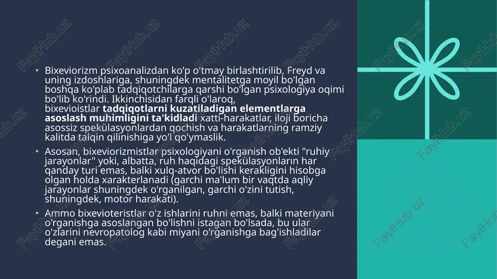 ixeviorizm ta'limi nima?shu ma'noda, paradigma bixeviorizmist en ta'lim, ayniqsa, talabadan ijobiy javob olish uchun rag'batlantirish va mustahkamlash bilan birga o'quv jarayonini amalga oshirishga asoslanadi, ya'ni har doim o'lchanadigan va miqdoriy jihatdan aniq bo'lishi uchun qattiq ta'lim tuzilmasini boshqaradi.bixeviorizm sinfda qanday qo'llaniladi?el bixeviorizm, xulq-atvorni o'zgartirish modeli bo'lishdan tashqari, sinfda o'qitish va o'qitish usuli sifatida qo'llaniladi, bu erda o'qituvchi talabalar olishi kerak bo'lgan ma'lumotlarni tayyorlaydi, ya'ni o'qituvchilar rag'batlantiruvchi va talabalar beradilar. nima haqida deyarli avtomatik javoblar bixeviorizm va misollar nima?el bixeviorizm u asosan o'rganish yoki shartlashning ikkita shakliga asoslanadi, xususan: klassik konditsionerlik. ... aniq ejemplo bu pavlovning itiga tegishli bo'lib, ular ovqatlantirishdan oldin qo'ng'iroq qilishgan.bixeviorizmni qanday izohlashim mumkin?nazariya bixeviorizmist u ivan p. pavlov (1849-1936) nazariyalariga asoslanadi. u kuzatilishi mumkin bo'lgan xatti-harakatlarni nazorat qilish va bashorat qilish uchun o'rganishga qaratilgan. … the bixevioistlar o'rganishni aniqlang kabi yangi xatti-harakatlar yoki hatti harakatlarni o’zlashtirish. bixeviorizmning qanday turlari mavjud? …bixeviorizm skinner radikali. …o'zaro xatti-harakatlar yoki bixeviorizm …
