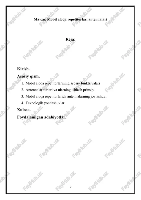 ajakdagi rivojlanish istiqbollarini ko‘rsatishdir. mobil aloqa repetitorlari — bu mobil aloqa tarmoqlarining muhim qismlari bo‘lib, ularning asosiy vazifasi signalni qabul qilish, kuchaytirish va tarqatishdan iborat. ular ko‘pincha qamrov zonasini kengaytirish, uzoq masofalardagi signal kuchaytirilishi va yuqori sifatli aloqani ta'minlash maqsadida ishlatiladi. mobil aloqa repetitorlari turli joylarda o‘rnatiladi, jumladan, baland binolar, tog‘lar yoki qiyin hududlarda. antennalar esa mobil aloqa tizimlarining kalit komponentlaridan biridir. ular signalni qabul qilish va uzatish uchun zarur bo‘lgan fizik qurilmalar hisoblanadi. mavzuning ahamiyati va dolzarbligi: mobil aloqa repetitorlari va antennalari mavzusi zamonaviy texnologiyalarda, shuningdek, hayotimizning turli jabhalarida, jumladan, ish, ta'lim va ijtimoiy aloqalarda muhim ahamiyatga ega. quyidagi sabablarga ko‘ra, bu mavzu dolzarb hisoblanadi: 1. aloqa sifatining yaxshilanishi: mobil aloqa tizimlarining sifatli ishlashi, ayniqsa, qishloq joylarda va chekka hududlarda, repetitorlar va antennalarga bog‘liq. ushbu qurilmalar yordamida foydalanuvchilar uchun aloqa sifatini oshirish va uzatish masofasini kengaytirish mumkin. 2. texnologik rivojlanish: 4g va 5g texnologiyalarining joriy etilishi mobil aloqa infrastrukturasiga …