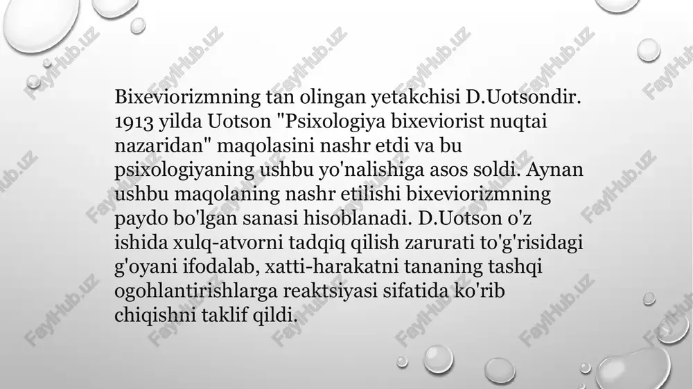 ng hayoti davomida sodir bo'ladi va asosan ijtimoiy muhitga, yashash sharoitlariga, ya'ni atrof-muhit tomonidan ta'minlangan stimullarga bog'liq degan xulosaga kelishdi. ular yoshni davriylashtirish g'oyasini rad etishdi, chunki ular ma'lum bir yosh davridagi barcha bolalar uchun umumiy rivojlanish naqshlari mavjud emasligiga ishonishdi. buning isboti, shuningdek, ularning turli yoshdagi bolalarda o'rganish bo'yicha tadqiqotlari bo'ldi, bunda 2-3 yoshli bolalar maqsadli o'rganish bilan nafaqat o'qishni, balki yozishni va hatto yozuv mashinkasida yozishni ham o'rgandilar. shunday qilib, bixevioristlar atrof-muhit qanday bo'lsa, bolaning rivojlanish qonuniyatlari ham shunday bo'ladi, degan xulosaga kelishdi. shunday qilib, bixeviorizmning asosiy qoidalari sifatida quyidagi jihatlarni ajratib ko'rsatish mumkin: xulq-atvor va xulq-atvor reaktsiyalari psixologiyaning predmeti bo'lib ishlaydi, chunki aynan shu hodisalarni empirik tarzda ob'ektiv o'rganish mumkin; xulq-atvor har bir inson hayotining barcha psixologik va fiziologik tomonlarini o'z ichiga oladi; hayvonlar va odamlarning xatti-harakati tashqi ta'sirlarga - stimullarga (s) javoban vosita reaktsiyalari (r) to'plami sifatida qaraladi. bu erda sxema stimulyator - reaktsiya (s - …