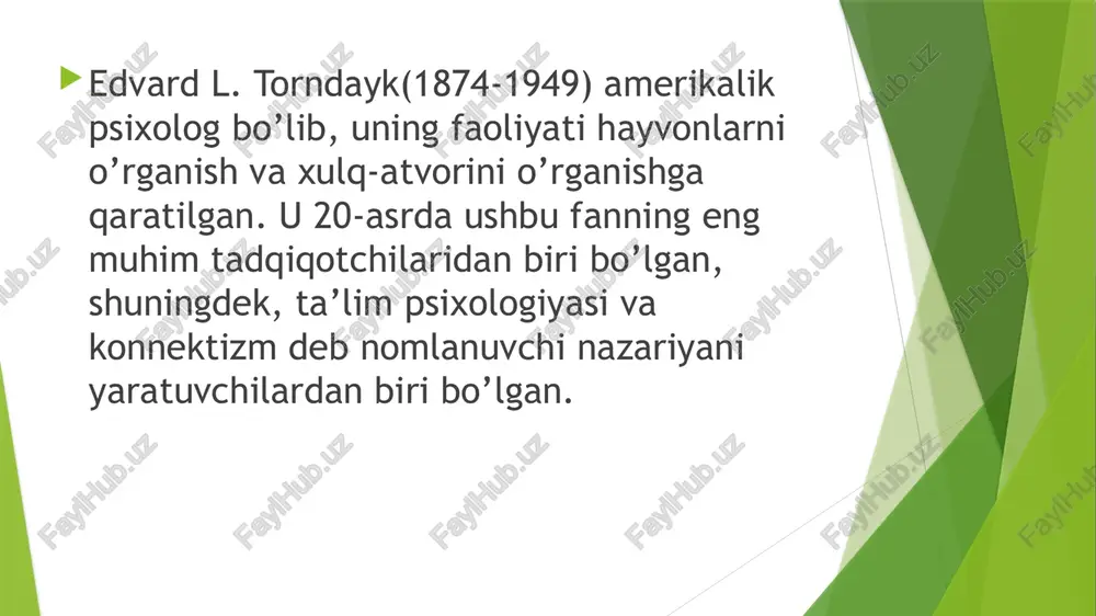 rakkab tizimini vaziyatli, tashki sharoit ekanligini tushuntiradi. shuning uchun inson xulqi ong bilan emas, balki vaziyat bilan boshqariladi. natijada inson ruhiy dunyosi mexanik ravishda reaktsiyalari yig‘indisi bilan tenglashib qoladi. haqiqatdan yangi xulq-atvomi egallash shartlarini eksperimental tadqiqi shuningdek, o‘rgatish dinamikasi amerikalik psixolog e.torndaykning diqqat markazida bo‘lgan. ishlarida hayvonlarda muammoli vaziyatlami hal etish qonuniyatlari ko‘proq e.torndayk o‘rganilgan. hayvonlar mushuk, it, maymun maxsus yasalgan muammoli quti yoki labirintdan mustaqil ravishida chiqish yo‘lini topishlari kerak edi. keyinchalik xuddi shunday tajribalarda sinaluvchi sifatida kichik yoshdagi bolalar ishtirok etgan. o‘rgatish turi sinaluvchi odatda, xulq- atvoming turli variantlarini operantlarini harakat qilish anglamagan holda sinashi va ulardan ko‘proq to‘g‗ri mos kelganini tanlab olishidir, bu operant asoslash nomini olgan. intellektual vazifalami hal etishda sinov va xatolar metodi inson va hayvonlar torndayk o‘rgatishning to‘rtta asosiy qonunini ta‗riflagan:  takrorlash qonuni mashq qilish stimul va reaksiya o‘rtasidagi aloqa qanchalik tez-tez takrorlansa, shunchalik u tezroq mustahkamlanadi va mahkamlanadi.  ta‗sir effekt qonuni …