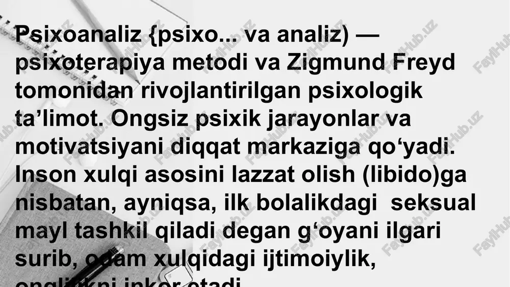 y kontseptsiyasida birlashtirilgan. k.yungningfreydning shogirdlaridan biri k.yung psixoanalizning o‘ziga xos varianti – analitik psixologiyani yaratdi. tushlar, delirium, shizofreniya kasalliklarini tahlil qilish, shuningdek, mifologiyani, sharq, antik va o'rta asr faylasuflari asarlarini o'rganish asosida k. yung inson psixologiyasida kollektiv ongsizlikning mavjudligi va namoyon bo'lishi to'g'risida xulosaga keladi. . freydning shogirdlaridan biri k.yung psixoanalizning o‘ziga xos varianti – analitik psixologiyani yaratdi. tushlar, delirium, shizofreniya kasalliklarini tahlil qilish, shuningdek, mifologiyani, sharq, antik va o'rta asr faylasuflari asarlarini o'rganish asosida k. yung inson psixologiyasida kollektiv oajdodlardan meros bo‘lib qolgan arxetiplar shaklida tug‘ilishdayoq mavjud bo‘ladi. yungning fikricha, jamoaviy ongsizlik mazmuni sub’ektning individual hayotiy tajribasida egallanilmaydi – ular ajdodlardan meros bo‘lib qolgan arxetiplar shaklida tug‘ilishdayoq mavjud bo‘ladi. 12 psixologik lug'atning ta'rifiga ko'ra, psixoanaliz (psixoanalitik terapiya) 19-asr oxirida avstriyalik psixiatr va psixolog z.freyd tomonidan asos solingan psixologik yo'nalishdir. dastlab nevrozlarni davolash usuli sifatida ishlab chiqilgan; keyin umumiy psixologik nazariyaga aylandi, u diqqat markazida bo'ldi harakatlantiruvchi kuchlar ruhiy hayot, …
