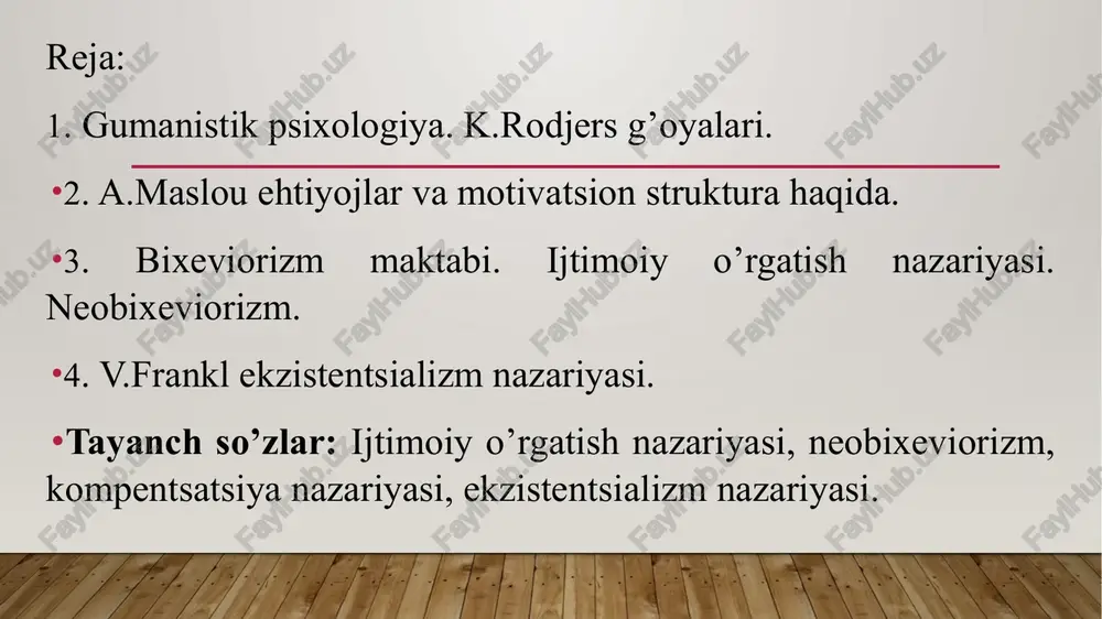 g fikrlari va his-tuyg'ulari gumanistlar uchun haqiqatning bevosita aksi emas. har bir inson voqelikni o'zining sub'ektiv idrokiga muvofiq talqin qiladi. insonning ichki dunyosi faqat o'ziga to'liq kirishi mumkin. subyektiv idrok va subyektiv kechinmalar inson harakatlarining asosini tashkil qiladi. faqat sub'ektiv tajriba ma'lum bir shaxsning xatti-harakatlarini tushunishning kalitidir. shunday qilib, insonparvarlik yondashuvi doirasida shaxs o'zini o'zi anglash natijasida inson "men" ning ichki dunyosi, shaxsning tuzilishi esa "haqiqiy men" va "ideal men" ning individual nisbatidir. ", shuningdek, shaxsning o'zini o'zi anglash ehtiyojlarining individual rivojlanish darajasi. gumanistlarning fikriga ko'ra, hal qiluvchi yosh davri yo'q; shaxs hayot davomida shakllanadi va rivojlanadi. biroq, hayotning dastlabki davrlari (bolalik va o'smirlik) shaxsning rivojlanishida alohida rol o'ynaydi. shaxsda ratsional jarayonlar hukmronlik qiladi, bu erda ongsizlik faqat vaqtinchalik, u yoki bu sabablarga ko'ra o'zini o'zi anglash jarayoni bloklanganda paydo bo'ladi. gumanistlar shaxsning to'liq iroda erkinligiga ishonishadi. inson o'zini anglaydi, o'z harakatlarini amalga oshiradi, rejalar tuzadi, hayotning ma'nosini qidiradi. inson …