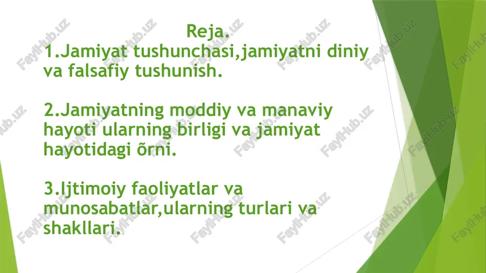 lab chiqarish, oilaviy, siyosiy, huquqiy, axloqiy, diniy, estetik faoliyatlari va ularga moye keluvchi munosabatlardir. jamiyatda turli qatlam va toifalarning mavjudligi mehnat taqsimoti, shuningdek, ishlab chiqarish vositalariga boʻlgan mulkchilik munosabatlari, jamiyatda yaratilgan moddiy boyliklardan oladigan ulushiga bogʻliq. bular jamiyatdagi kishilarning faoliyati hamda daromadiga qarab turli kasbiy va ijtimoii guruhlarga ajralishining negizidir. hozir oʻzbekistonda jamiyat taraqqiyotining eng asosiy muammosi insonlarning, ayniqsa yosh avlodning maʼnaviy dunyosini shakllantirish va boyitish, ularni istiqlol mafkurasi asosida tarbiyalash, oʻzbek xalqining boy madaniy va maʼnaviy merosi, qadriyatlari, anʼanalari va urf-odatlarini egallashlari uchun shart-sharoit yaratishdir. oʻzbekistonda fuqarolik, huquqiy, demokratik, dunyoviy jamiyat barpo etilmoqda. jamiyatning falsafaga ta’siri falsafani o‘zining vujudga kelishi qadimgi zamon urug‘doshlik tuzumining inqirozi natijasida shakllangan jamiyatning ehtiyojlari bilan bog‘liq. aqliy va jismoniy mehnatning bo‘linishi, davlatchi­lik­ning paydo bo‘lishi, ijtimoiy tabaqalanish, ishlab chiqarishning murakkab turlarining vujudga kelishi, fanlarning yuzaga kelishi, bilish va ijtimoiy amaliyotda sifat jihatidan yangi ehtiyojning tug‘ilishi – bularning hammasi ob’ektiv borliqda yangi yondoshuv – falsafani shakllanishiga …