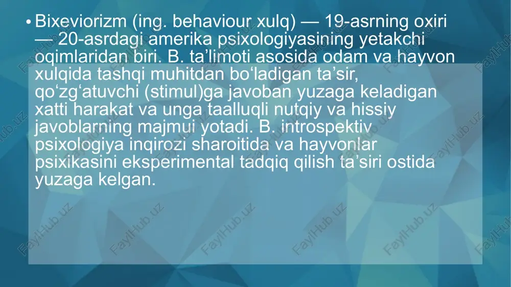 shaxsiyatini shakllantirishni ko'rib chiqadi. u shaxsiy fikrlashdan ko'ra ijtimoiylashuvning ijtimoiy mazmuniga urg'u beradi. bu nazariya shaxsning shaxsiyatini behushlik mahsuloti emasligi (masalan, psixoanalitik nazariyotchilarning e'tiqodlari kabi) emas, balki uning o'rniga boshqalarning talablariga javoban modellashtirish natijasidir. bizning atrofimizdagi odamlarni qo'llab -quvvatlash va rag'batlantirishga bo'lgan munosabatida yurish-turishlar va munosabatlar rivojlanadi. ijtimoiy o'rganish teorislari bolalik davridagi tajriba muhimligini e'tirof etishsa-da, ular o'zlarining identifikatorlari sotib olishlari boshqalarning xatti-harakati va nuqtai nazari bilan ko'proq shakllantirilganligiga ishonishadi. ijtimoiy o'rganish nazariyasi psixologning ildizlariga ega va psixolog albert bandurani juda yaxshi shakllantirgan. sosyologlar ko'pincha ijtimoiy ta'lim nazariyasidan jinoyat va yolg'onni tushunish uchun foydalanadilar. neobeheviorizm - 20-30-yillarda paydo bo'lgan. o'tgan asrda k. xoll va e. tolman tomonidan klassik bixeviorizmning muvaffaqiyatsizligiga reaktsiya sifatida ilgari surilgan o'zgartirilgan bixeviorizm tushunchasi. bixevioristik sxemada "rag'batlantirish - reaktsiya" (s - r) vositachilik aloqasi - oraliq o'zgaruvchilar (xulq-atvor reaktsiyasining tabiatiga ta'sir qiluvchi individual aqliy o'zini o'zi boshqarish mexanizmi) kiritildi neobixeviorizm yo’nalishi - tajriba yo’li bilan ta’sirni o’rganish, …
