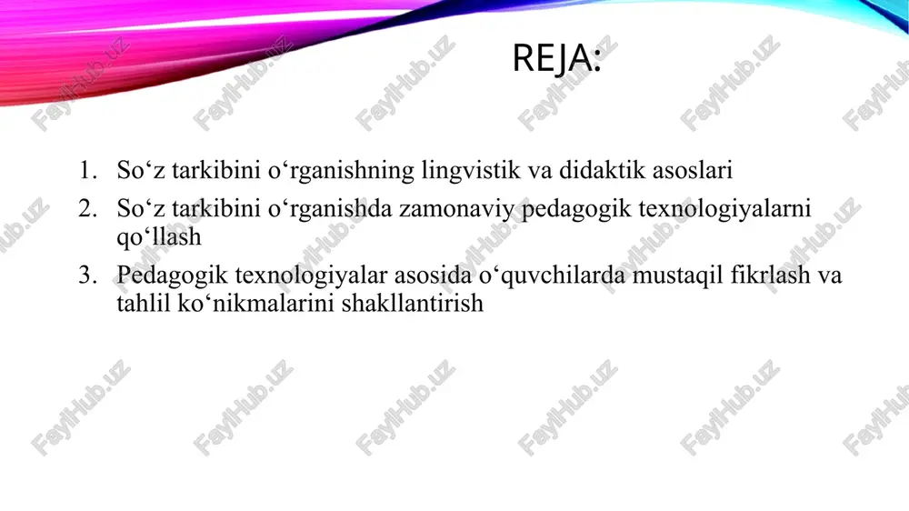 anish darslarida vizual materiallar, amaliy mashg‘ulotlar, test topshiriqlari, so‘z yasalishi bo‘yicha o‘yinlar, lug‘at tuzish ishlari o‘quvchilarning faol ishtirokini ta’minlaydi. bunday faoliyat o‘quvchilarda ijodiy fikrlashni, so‘z boyligini kengaytirishni, grammatik tahlilni mustahkamlashni rag‘batlantiradi. so‘z tarkibini o‘rganish jarayoni o‘quvchilarning tilshunoslik bilimlarini chuqurlashtirish, grammatik tafakkurini rivojlantirish va nutq madaniyatini shakllantirishda muhim ahamiyatga ega. hozirgi davrda ta’lim tizimida innovatsion yondashuvlar, ya’ni zamonaviy pedagogik texnologiyalarni qo‘llash orqali so‘z tarkibini o‘rganish samaradorligini oshirish mumkin. avvalo, interfaol metodlar — “aqliy hujum”, “klaster”, “insert”, “venn diagrammasi”, “t-jadval”, “blits-so‘rov” kabi usullar o‘quvchilarning mustaqil fikrlashini, so‘zning tarkibiy qismlarini (ildiz, qo‘shimcha, prefiks, suffiks) farqlay olish ko‘nikmalarini rivojlantiradi. bu usullar orqali har bir o‘quvchi dars jarayonining faol ishtirokchisiga aylanadi. axborot-kommunikatsiya texnologiyalari (akt) so‘z tarkibini o‘rganishda keng qo‘llanilmoqda. multimediali taqdimotlar, interaktiv testlar, animatsiyalar va onlayn mashqlar orqali mavzu yanada qiziqarli va tushunarli tarzda yoritiladi. masalan, interaktiv taxtadan foydalanib, o‘quvchilar so‘z ildizi va qo‘shimchalarini ranglar orqali ajratib ko‘rsatishlari mumkin. bundan tashqari, differensial ta’lim texnologiyasi yordamida …