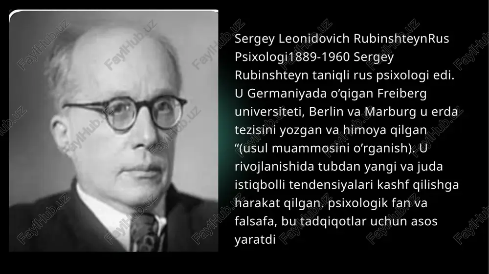 psixologiya fanining eng to’liq entsiklopediyasi va ko’plab avlod mutaxassislari uchun bilim manbai hisoblanadi. kitobda olim psixologiyani bilishning funktsional tizimi sifatida taqdim etishga muvaffaq bo’ldi, unda tadqiqotning turli usullari va darajalari moslashuvchan, o’zaro ta’sirida o’zgaruvchan – vazifalar, vaziyatlar va psixologiyaning ijtimoiy hayotdagi roliga qarab. s. rubinshteyn psixologiyaning tabiiy va ijtimoiy fanlar bilan aloqalarini olib boradi, uning ushbu fanlar majmuasidagi o’rnini belgilaydi. uning fundamental asarida jahon psixologik fikrining deyarli butun tajribasi tahlil qilingan, rus psixologiyasining tadqiqotlari, yutuqlari va muammolari taqdim etilgan . . e’tiboringiz uchun raxmat . image1.jpeg image2.jpeg image3.jpeg image4.jpeg image5.jpeg image6.jpeg /docprops/thumbnail.jpeg
