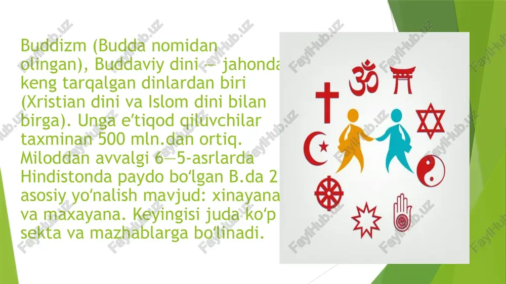 ik xarakati natijasida afrika, yaqin sharqda va uzoq sharqning bir necha mintaqalarda keng yoyilgan. jahonda bu dinga taxminan 2.5 milliard kishi eʼtiqod qiladi.[1] xristianlikning asosiy gʻoyasi xudo odam — iisus xristos (iso masih; iso) haqidagi rivoyatlar bilan bog’liq. 4-asrda xristianlik rim imperiyasida mavjud ijtimoiy tuzum va uning tartiblarini himoya qiluvchi davlat diniga aylandi. rim imperiyasining gʻarbiy va sharqiy qismidagi oʻziga xos tarixiy taraqqiyot xristian cherkovini ikkiga: katolik (imperiyaning gʻarbiy qismi) va pravoslav (sharqiy qismi) boʻlinishiga olib keldi. xristianlikning bu boʻlinishi 1054-yilda rasman eʼtirof etilgan boʻlsada, biroq bu jarayon 13-asrning boshlarida tugallangan. 16-asrda reformatsiya natijasida yevropadagi qator cherkovlar katolikdan ajralib chiqib, xristianlikning uchinchi asosiy oqimi — protestav yuzaga keldi. xristianlik 1-asrning 2-yarmida rim imperiyasining sharqiy qismida yashovchi yahudiylar oʻrtasida paydo boʻlgan. ilk xristian dastlab fetishizmdan ajralib chiqqan. sharq dinlariga xos ayrim tasavvurlar ham unda oʻz ifodasini topgan. xristian jamoalarining ijtimoiy tarkibi vaqt utishi bilan ruhoniylar va oddiy jamoa aʼzolariga boʻlingan. ayrim-ayrim …