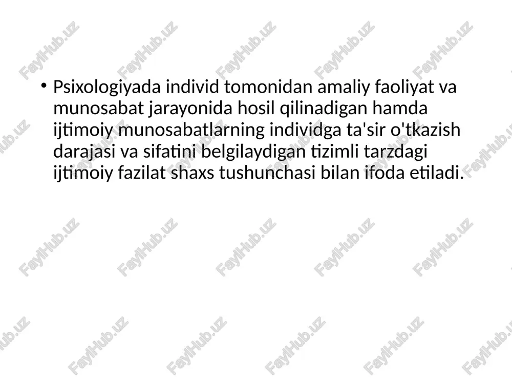 n individning mavjud bo'lishi yoki aksincha individning konkret sohibi sifatida undan tashqarida va usiz mavjud bo'lish fakti ko'rsatilishi mumkinmi? taxminiy tarzda fikr yuritilgan taqdirda unisi ham va bunisi ham bo'lishi mumkin. agar kishilik jamiyatidan tashqarida voyaga yetgan individni hayolan tasavvur qilinadigan bo'lsa, bu holda u birinchi bor odamlarga duch kelib, biologik jonzotga xos individual xususnyatlardan bo'lak hech qanday, yuqorida aytilganidek, kelib chiqishi jihatidan hamisha ijtimoiy-tarixiy harakter kasb etadigan shaxsiy fazilatlarga ega ekanligini namoyon qila olmaydi balki tevarak-atrofdagi odamlar mabodo uni birgalikdagi faoliyat va munosabat jarayoniga «torta olishgan» taqdirda ularning paydo bo'lishi uchun zarur tabiiy shart-sharoitlargagina ega bo'ladi. hayvonlar orasida tarbiyalangan bolalar tajribasini o'rganish bu vazifani amalga oshirishning g'oyat darajada murakkabligidan dalolat beradi. qarshimizda hali shaxs sifatida kamolatgaerishmagan individ bo'ladi. real individni gavdalantirmaydigan shaxsning paydo bo'lish imkoniyatlari mavjudligi muayyan istisnolar bilan tan olinishi ham mumkin. shaxsni jamoada shakllantiradigan shaxslararo aloqalar, tashqaridan qaraganda, konkret faoliyatga xos munosabat yoki sub'ekt-sub'ekt munosabati qabilida yonma-yon …