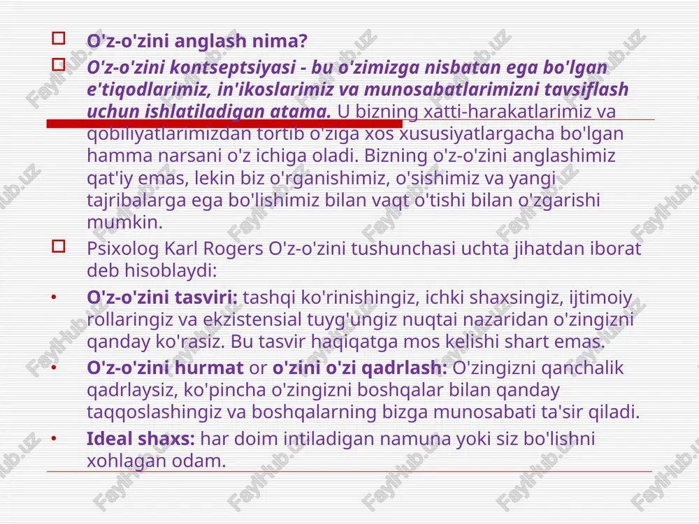 'zini hurmat (men kimligimga qanday munosabatdaman?) men huquqshunosman men yaxshi advokatman men musulmonman . men yaxshi insonman chunki musulmonman men go'zalman men o'zimni baxtli his qilyapman, chunki men go'zalman “men” konsepsiyasi – bu insonning o’zi haqida umumlashtirilgan tasavvuri, shaxsning o’ziga nisbatan tartib tizimi, yoki psixologlar aytgandek, “men” konsepsiyasi o’zi haqidagi nazariyasi. qayd etib o’tish muhimki, “men” konsepsiyasi statik emas, balki dinamik psixologik hodisasidir. eng umumiy ko’rinishda psixologiyada “men” konsepsiyasining ikki shaklini ajratib ko’rsatish qabul qilingan – real va ideal. bu aniqlashga ko‘ra menkonsepsiyasi, bu real va ideal men obrazlari o‘z-o‘ziga bo‘lgan munosabatni aks natijasi (men boshqa odamlar tasavvurida). men-konsepsiyasini barcha uchta qisimlariuning usullari hisoblanadi. usullaridan tashqari men konsepsiyasi kognitiv(men-obrazi), emotsional (o‘z-o‘zini baholash) va o‘zini tutish (shaxsning o‘z-o‘zini aniqlash strategiyasi) komponentlari bilan namoyon etiladi. karl rodjers fikriga ko‘ra, men-konsepsiyasi o‘zining xarakteristikalari tasavvuridan va individ qobiliyatlaridan, boshqa odamlar bilan aloqa mavjudligi tasavvuridan, obyektlar va harakatlar bilan bog‘liq bo‘lgan qimmatli tasavvurlardan iborat. men-konsepsiyasi …