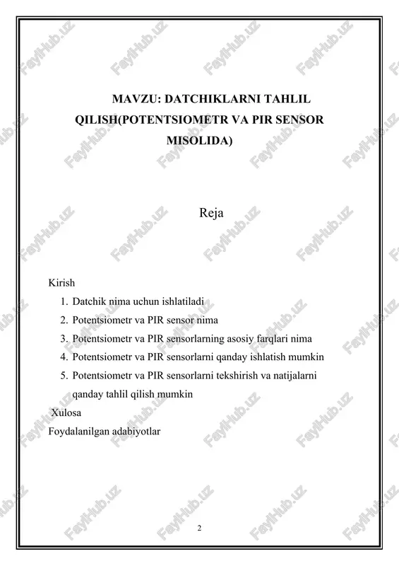 vchi qurilma ikenligini, pir sensor esa infrachiziq (harorat) nurlarini aniqlash va harakatlarni aniqlashda ishlatiladi. potentsiometr va pir sensorlar kabi datchiklar, elektrikali xossalari orqali o'zaro farq qiladi. potentsiometr, tarmoqni o'zgartirish va boshqarish imkonini beradi, elektr energiyasini voltaj ko'rinishida sensorlarga yetkazadi. pir sensor esa infrachiziq nurlarini aniqlaydi va harakatlarni sezib olish uchun ishlatiladi. ular tahlili, bu datchiklar va ularning amaliyotda qanday foydalanishining tushunchasini beradi va so'nggi texnologik rivojlarni yanada ilgari surishga yordam beradi." 1.datchik nima uchun ishlatiladi datchiklar, turli turdagi o'zgaruvchan harakatlarni (masalan, harorat, quvvat, harakat, nurlar va boshqalar) aniqlash va ushlab turuvchi asbob-uskunalar. asosan, ular atrofimizdagi o'zgaruvchan xossalarni, sifatlarini yoki holatlarini sezib turish uchun ishlatiladi. datchiklar, ko'pgina sohalarda, esa avtomobil texnologiyasi, tibbiyot, elektronika, va avtomatlashtirish sohalarida intensiv ravishda ishlatiladi. datchiklar, biror narsa yoki nazorat qilinishi kerak bo'lgan ob'ektni aniqlash, o'lchash yoki uni boshqa o'zgaruvchilarga aylanish uchun ishlatiladigan qurilmalardir. bunday qurilmalar ob'ektni to'g'ri tan olish, harakatlarini sezish, haroratni o'lchash, noxush moddalar yoki …