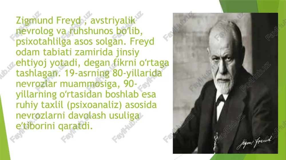 el holda yoki biroz so‘ng bu funksiyani ko‘payish instinkti, ya’ni seksual instinkt bajara boshlagan. freyd barcha biologik instinktlarni (himoya, ovqat izlash va ko‘payish, ya’ni seksual) bitta so‘z bilan “id” deb atagan “id” doimo “men” va “super-men” bilan murosasiz jang olib boradi, chunki ular “id”ni doimo nazorat qilishga intiladi-da. “id” kuchli quvvatga ega bo‘lsa-da, “men” uni ong ostidan suzib chiqishiga yo‘l qo‘ymaydi. shuning uchun ham “id” tajovuzkordir. “men” nazoratni to‘la qo‘lga olgunga qadar instinktlar go‘yoki odamning hayot tarzini, ya’ni xulq-atvorini belgilab bergan. ego” – bu “men” degani! odam boshqa jonzotlardan aql-zakovat, ya’ni ongning borligi bilan farq qiladi. demak, ong “men” demakdir. agar odam faqat “id»” qonuniyatlariga bo‘ysunib yashaganida edi, uning hayot tarzi hayvonlarnikiga o‘xshab qolardi. vaholanki, odam faoliyati ongli jarayon ekan, u o‘z xatti-harakatlarida ham, asosan, ongga tayanadi. psixoanalitiklar odamni, aniqrog‘i, uning ruhiyatini tirik hujayraga o‘xshatishadi. bunda hujayraning tashqi pardasi “men” bo‘lsa, uning ichki tarkibi “id”dir. hujayraning ichida moddalar almashinuvi natijasida …