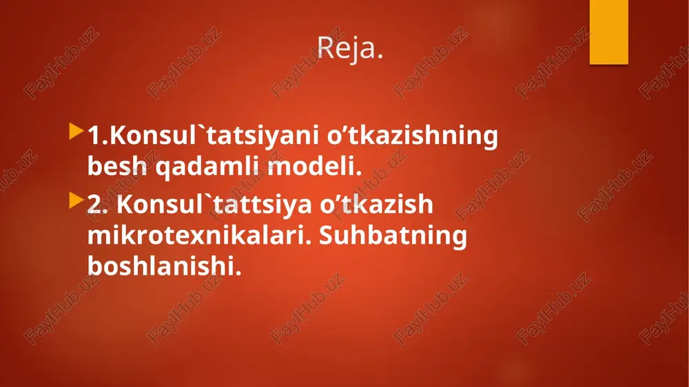 aro ishonch va tushunishni shakllantirish. bunda psixolog mijoz bilan o‘zaro ta’sirdagi mavzuni belgilashga vaziyat hozirlaydi, u bilan emotsional kontakt o‘rnatadi. ushbu bosqich psixolog mijozni tushuna olganida, mijozning esa psixologga to‘la ishona olganida yakunlanadi. intervyuning ikkinchi bosqichi. bu bosqichda psixolog quyidagi savollarga javob izlaydi: mijoz nima uchun keldi? u o‘z muammosini qanday ko‘radi? ushbu muammoni hal qilishda uning imkoniyatlari qanday? mijozning maqsadi aniq bo’lganidan so‘ng, psixolog mavzuni belgilashga qaytadi. intervyuning uchinchi bosqichi. psixolog bu bosqichda mijoz xohlayotgan natijani aniqlaydi. psixolog mijozga o‘zining ideali va qanday bo‘lishni xohlayotganini aniqlashga yordam beradi. shuningdek, xohlangan natijaga erishilganda qanday o‘zgarishlar sodir bo’lishi muhokama qilinadi. intervyuning to‘rtinchi bosqichi. bu bosqichda alternativ qarorlar ishlab chiqiladi. psixolog va mijoz muammo yechimining turli variantlarini ishlab chiqadilar. alternativlarni qidirish rigidlikdan qochish va qarama-qarshilik o‘rtasida javob izlash maqsadida amalga oshiriladi. ular birgalikda mijozning shaxsiy dinamikasini tadqiq etadilar. bu bosqich uzoq vaqt davom etishi mumkin. psixolog shuni unutmasligi lozimki, u uchun ma’qul …
