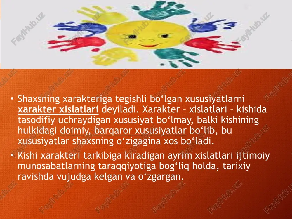 datda, undagi emotsional xususiyatlar bilan muayyan nisbatda namoyon bo‘ladi. ba’zi odamlarning irodasi tuyg‘u-hissiyotlarida ustun turadi. bunday odamlar o‘z maqsadiga etishiga halal berish mumkin bo‘lgan har qanday his-tuyg‘ularini darhol bostira oladi. odatda bunday odamlarni irodasi kuchli, mustahkam irodali odam deyiladi. shunday odamlar ham bo‘ladiki, ularning hatti-harakatida hissiyot ko‘proq o‘rin oladi; bunday odamlar o‘z hatti-xarakatlarida ko‘pincha tasodifan tug‘iladigan his-tuyg‘ulari ta’siri ostida ish ko‘radilar. bunday odamlarning hissiyoti kuchli bo‘lib, tasodifiy kayfiyat va tuyg‘u-hissiyotga tez beriluvchan bo‘ladilar, shu sababli ularning xarakteri hissiy xarakter deb ta’riflanadi. ba’zi odamlarda esa irodaviy faollik undagi tuyg‘u-hissiyotlar bilan birlikda «monand ravishda» namoyon bo‘ladi, masalan, mehnatsevarlik mana shunday xarakter xislatiga ega bo‘lishdir. mehnat faoliyati kishidan chidam va irodaviy zo‘r berishni talab qiladi, buni esa unda mehnatga bo‘lgan muhabbat hissi engillashtiradi, mehnatni serunum qiladi. iroda bilan tuyg‘u-hissiyotlarning mana shunday nisbati bequsur, uyg‘un xarakter alomatidir. xarakter kuchi va mustahkamligi odamlarning o‘zaro, kundalik munosabatlarida ham, ish sharoitida ham kishi xarakteri to‘g‘risida gapirilganda, odatda, …