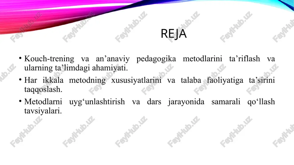 aviy metodning asosiy xususiyatlari: o‘qituvchi markazligi: o‘qituvchi bilimning manbai va nazoratchisi bo‘ladi. standartlashtirilgan jarayon: darslar oldindan belgilangan tartib va rejaga muvofiq o‘tadi. tartib va intizom: o‘quvchilar dars davomida belgilangan qoidalarga rioya qiladi. qayta takrorlash va mashq qilish: bilimlarni mustahkamlash uchun ko‘p mashq va topshiriqlar beriladi. an’anaviy metodning ta’limdagi ahamiyati: bilimlarni tizimli va tartibli yetkazadi. katta guruhdagi o‘quvchilar bilan samarali ishlash imkonini beradi. o‘quvchilarda intizom, tartib-intizom va o‘rganishga odatlanishni shakllantiradi. kouch-trening va an’anaviy metodlarning umumiy ahamiyati va taqqoslanishi kouch-trening shaxsning ichki resurslarini rivojlantiradi, o‘quvchilarni mustaqil fikrlashga va ijodiy yechim topishga o‘rgatadi. an’anaviy metod esa bilimlarni tizimli yetkazish, nazorat va intizomni ta’minlash imkonini beradi. zamonaviy ta’lim jarayonida bu ikki metodni uyg‘unlashtirish darslarning samaradorligini oshiradi. masalan, darsni qisqa ma’ruza bilan boshlash (an’anaviy metod) va keyin interaktiv mashqlar orqali o‘quvchilarni faol ishtirok etishga yo‘naltirish (kouch-trening) eng samarali yondashuv hisoblanadi. kouch-trening xususiyatlari va talaba faoliyatiga ta’siri: shaxsga yo‘naltirilganlik: o‘quvchi individual ehtiyojlari, qobiliyatlari va qiziqishlariga muvofiq …