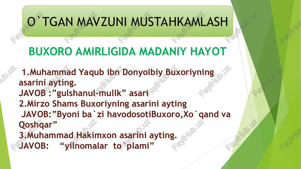 nlay quvib chiqarishga muvaffaq bo`ldi. shu tariqa 1511- yilda xorazm mustaqilligi tiklandi va bu davlat endi xiva xonligi deb atala boshlandi. bu davlat asoschisi ham shayboniylar vakillari bo`ldi. xiva xonligida shayboniylar hukmronligi 1770- yilgacha davom etdi. elbarsxon davrida dashti qipchoqdan xorazmga ko`pgina qabilalarning ko`chib kelishi yanada kuchaydi. natijada, xonlik hukmdorlarining ijtimoiy tayanchi mustahkamlandi. bu omil xiva hukmdoriga xonlik hududini qo`shni davlatlar hisobiga kengaytirib olish imkonini berdi. chunonchi, elbarsxon 1516- yilgacha bo`lgan hukmronlik davrida shimoliy xuroson, shimoliy erondagi saraxs, orol va mang`ishloq egallandi. g`oziy xaq din uchun kurashuvchilar atamalar noib tobe mamlakat boshlig`i yoki viloyat hokimi * shayboniyxon bosqini arafasida xorazm kimni tasarufida edi? a ) temuriy sulton husayn boyqaroning b) e`ron shohi ismoilning s) mo`g`il xonlarining d) zm.boburning birinchi guruhga hiva xoni anushaxonni oldirib o`rniga o`g`lini noib etib tayinlagan hkumdorning nomi? a) shayboniyxon b) ubaydulloxon s) abdulazizxon d) shoh ismoil ikkinchi guruhga g`ozi atamasining ma`nosini toping a) tobe o`lka noibi …