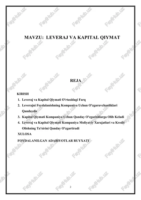 angi investitsiya va faoliyat imkoniyatlarini ochadi, ammo bir yandan moliyaviy risklarni ham kengaytirishi mumkin. barcha ko'rsatkichlar bilan birga, kapital qiymati va leveraj kompaniya moliyaviy holatini tahlil qilish, moliyaviy xarajatlarni nazorat qilish, risklarni belgilash va faoliyatni kengaytirish strategiyalarini belgilashda juda muhimdir." 1. leveraj va kapital qiymati o'rtasidagi farq nima leveraj, moliyaviy so'rovnoma va investitsiyalarda o'z sermayangizdan ko'proq mablag'ni ishlatish imkoniyatini ifodalaydigan moliyaviy vosita yoki qo'llanma hisoblanadi. bu mablag'lar daromad olish va moliyaviy operatsiyalarni kengaytirishga imkon beradi. leveraj odatda kreditlar, qarzlar yoki boshqa moliyaviy vositalar orqali mablag'lar olish imkonini ta'minlaydi. ushbu mablag'lar daromadni oshirish, investitsiya imkoniyatlarini kengaytirish va moliyaviy operatsiyalarni olib borishda foydalaniladi. bu moliyaviy vosita, daromadni oshirish imkonini kengaytirib, kompaniya yoki shaxsning moliyaviy operatsiyalarini, investitsiya imkoniyatlarini va moliyaviy faoliyatini katta darajada oshirishi mumkin. leveraj boshqa moliyaviy manbalardan olingan mablag'lar orqali moliyaviy faoliyatni kengaytirish imkonini ta'minlaydi, ammo bu bilan birga katta moliyaviy risklar ham bog'liq bo'ladi. sarmoya bozorlarida, korxonalar moliyaviy operatsiyalarda leverajni …