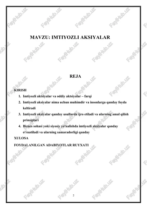 a. davlat korxonalari aksiyador jamiyatlarga aylantirilgan chogʻda va yangidan aksiyadorlar jamiyatlari tuzilgan paytda chiqariladi. oʻzbekistondagi a. davlat mulkini aksiyadorlash jarayonida 1989-yildan boshlab chiqarilgan. a. egasining nomi yozilgan va taqdim etgan kishiga tegishli a.ga boʻlinadi. oʻzbekistonda aholi orasida birinchi turdagi a. tarqalgan. a. oddiy va imtiyozli turlarga boʻlinadi. 1. imtiyozli aktsiyalar va oddiy aktsiyalar – farqi imtiyozli aktsiyalar (ya'ni preferansiyalari) va oddiy aktsiyalar (ya'ni adadi) kompaniyalarning kapitalini, soliq rejalarini, dividendlarni va boshqa huquqiy tartibotlarni reglamentlashda farq qiladi. bundan tashqari, ularning egalariga berilgan imtiyozlar ham farqli bo'lishi mumkin. quyidagi farqlarni ko'rib chiqamiz: dividendlar: imtiyozli aktsiyalar egasi oddiy aktsiyalarga nisbatan oldindan dividend olishida imtiyozlarga ega bo'ladi. dividendlar odatda bir foiz stabiil darajada to'lanadi va imtiyozli aktsiyalar egalariga oddiy aktsiyalardan avval to'lanadi. saylov huquqi: imtiyozli aktsiyalar egalariga kompaniyaning boshqarishida so'zga ega bo'lishda, ya'ni boshqaruv organlarining tanlashida oddiy aktsiyalarga nisbatan katta hissa beradi. kapitalning qayta tashkil etilishi yoki likvidatsiya bo'lishi paytida imtiyozlar: agar kompaniya qayta …