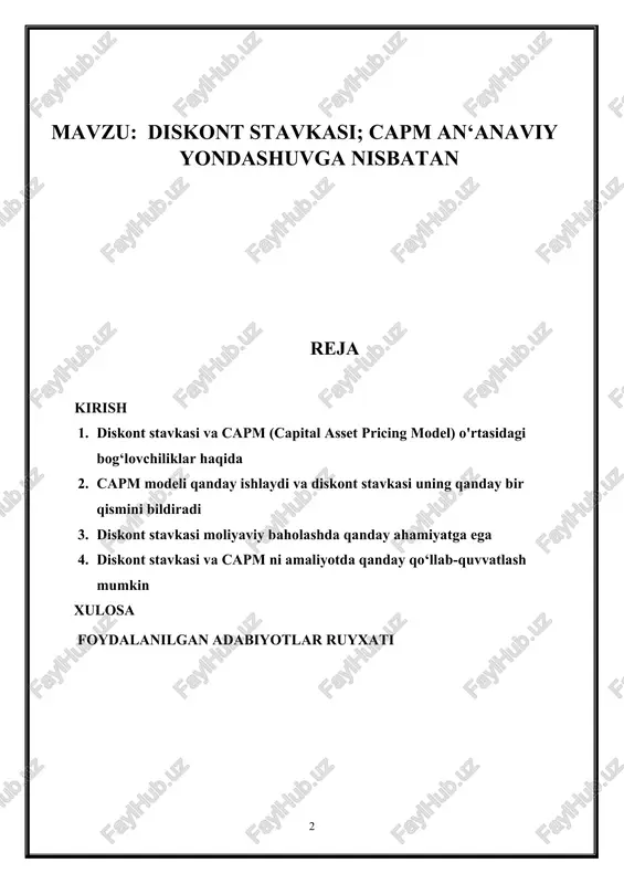 niqlashda yordam beradi. capm, aktivlarning bozor riskini o‘lchab chiqish, har bir aktiv uchun talab qilingan to‘lovlarni aniqlashda, investitsiyalar va portfeyl boshqaruvda foydalaniladi. diskont stavkasi va capm modelli birgalikda investitsiyalar, aktivlarning baholashida va moliyaviy qarorlar qabul qilishda foydalaniladi. diskont stavkasi moliyaviy mablag‘larning istiqbollarga oid bo‘lgan bugunki qiymatini aniqlashda asosiy hisob-kitoblardan biri sifatida xizmat qiladi, va capm esa riskni o‘lchashda yordam beradi va aktivning istiqbollarda qancha daromad olib kelishi kutiluvchi bo'lganini baholashda foydalaniladi. 1. diskont stavkasi va capm (capital asset pricing model) o'rtasidagi bog‘lovchiliklar haqida diskont stavkasi (discount rate) va capital asset pricing model (capm) moliyaviy tizimda foydalaniladigan kritik konseptlardir, lekin ular bir-biriga bog‘liq emas, balki moliyaviy mablag‘larni baholash va investitsiyalarni qanday qiymatlashning turli jarayonlarida foydalaniladigan ikki alohida va muhim konseptdir. diskont stavkasi: bu, moliyaviy mablag‘lar (sarmoya obyektlari, obligatsiyalar, cheklovlar va boshqa sarmoya vositalari) uchun istiqbollarga oid bo'lgan bugunki qiymatni aniqlashda ishlatiladi. diskont stavkasi, arzonlashtirilgan daromad, chegirmalar, inflatsiya va boshqa moliyaviy ko‘rsatkichlar …